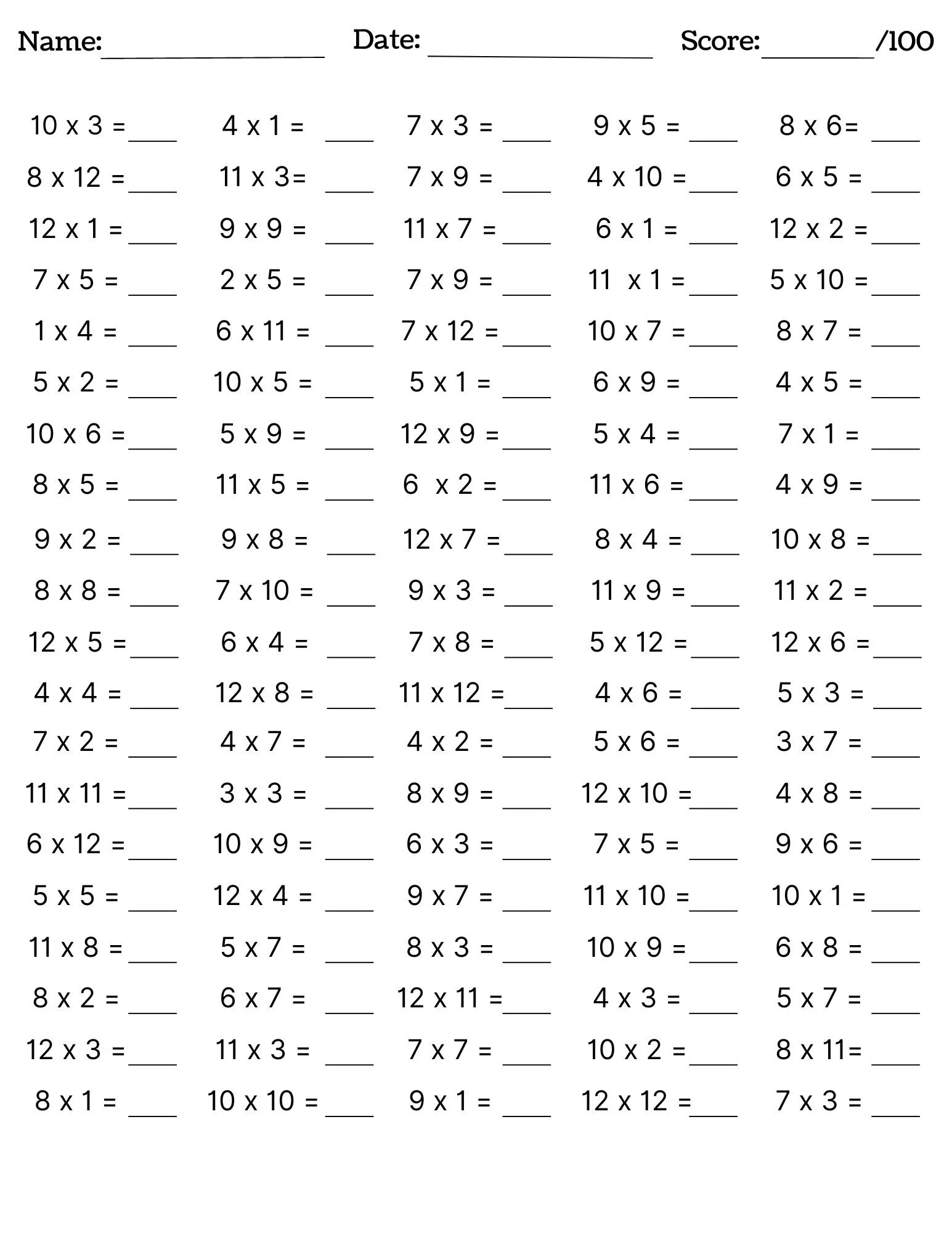 10 Printable Multiplication Worksheets Fill In The Blanks 
