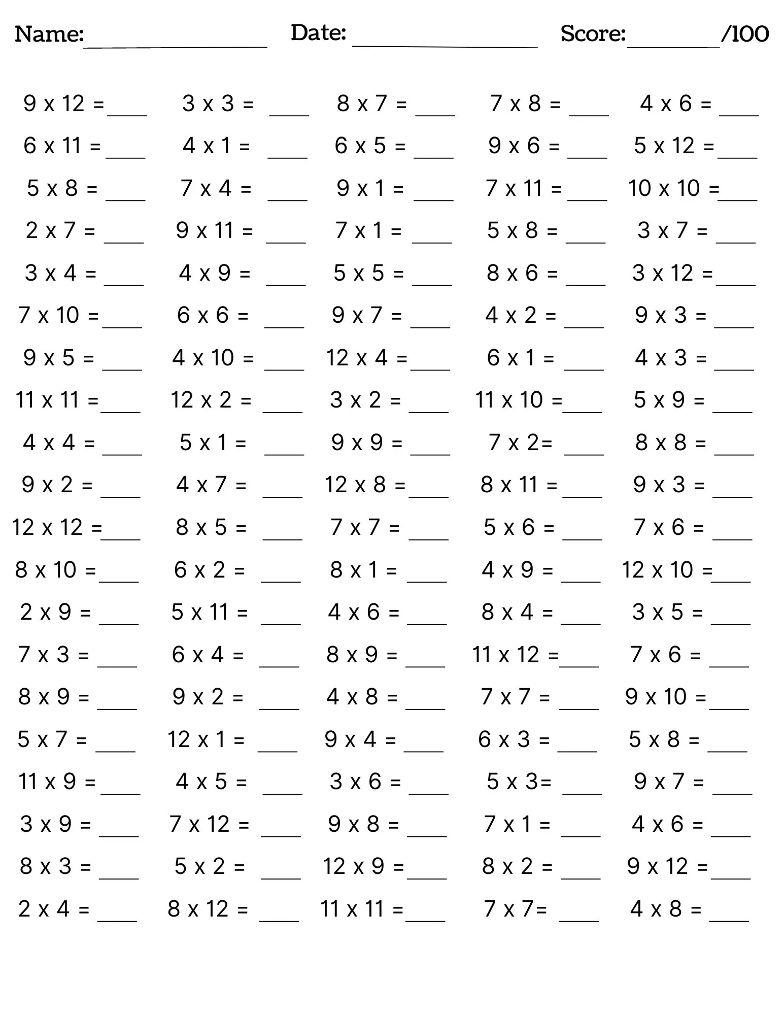 Printable Multiplication Practice Worksheets