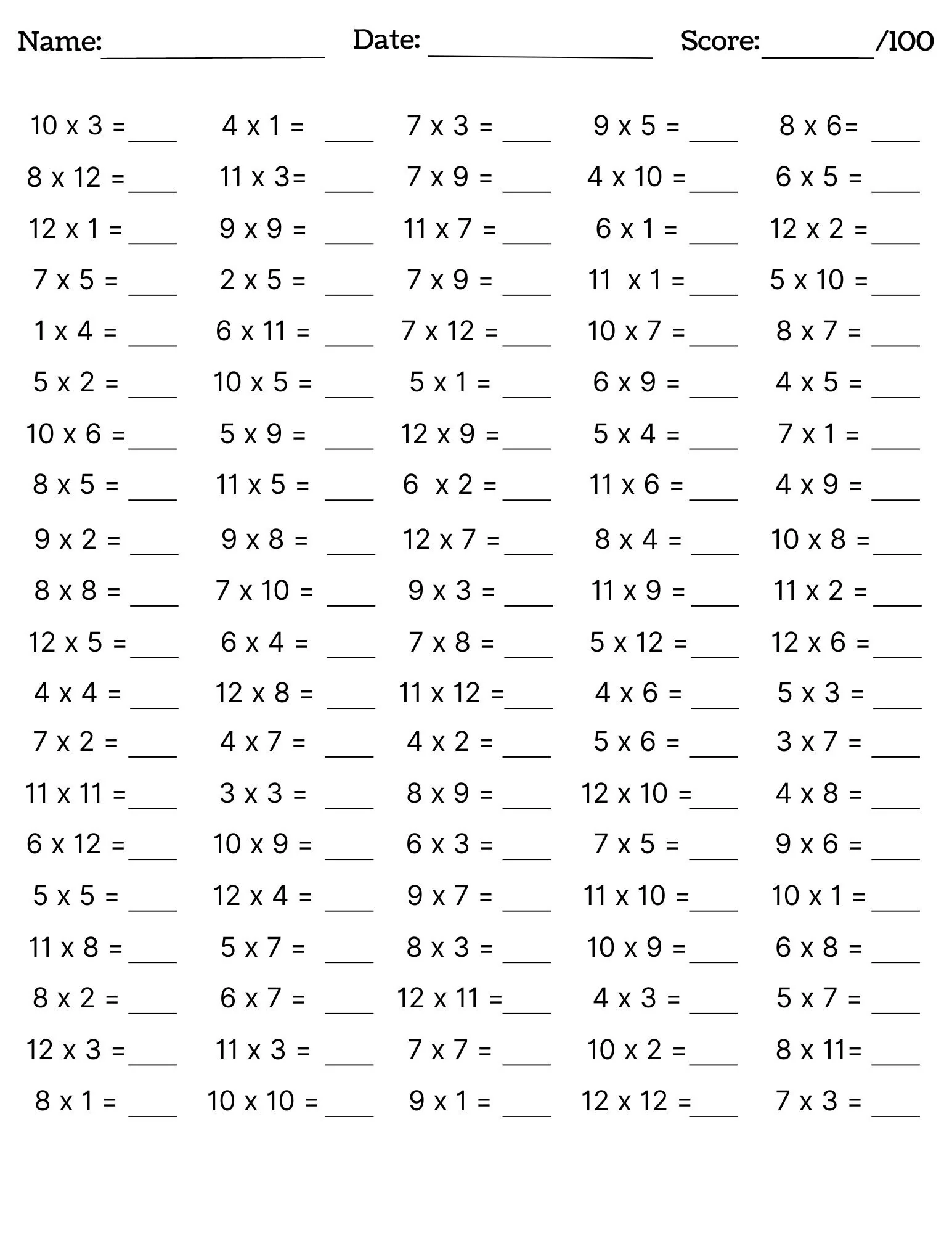 Multiplication Worksheet Printable