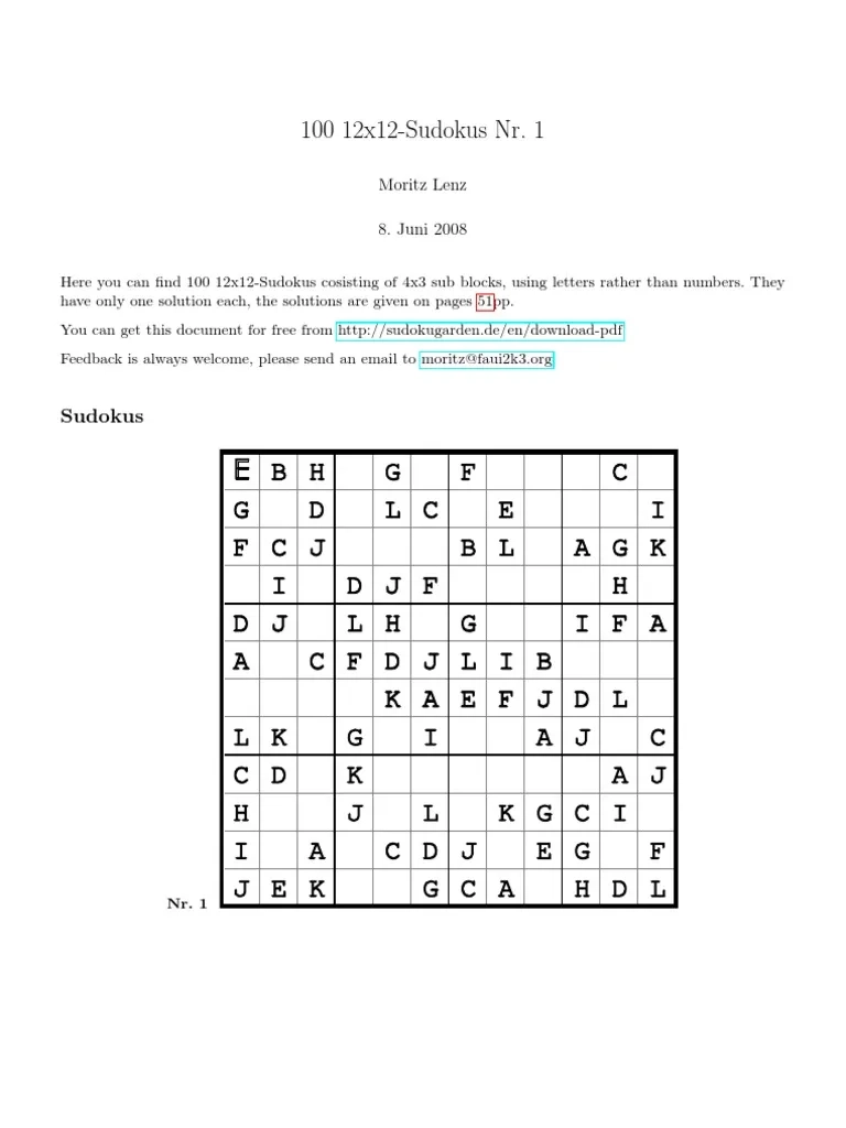Free Printable 12x12 Sudoku Puzzles