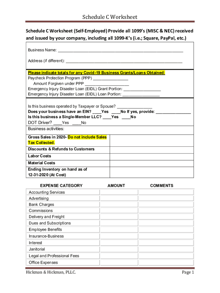 Printable Schedule C Worksheet