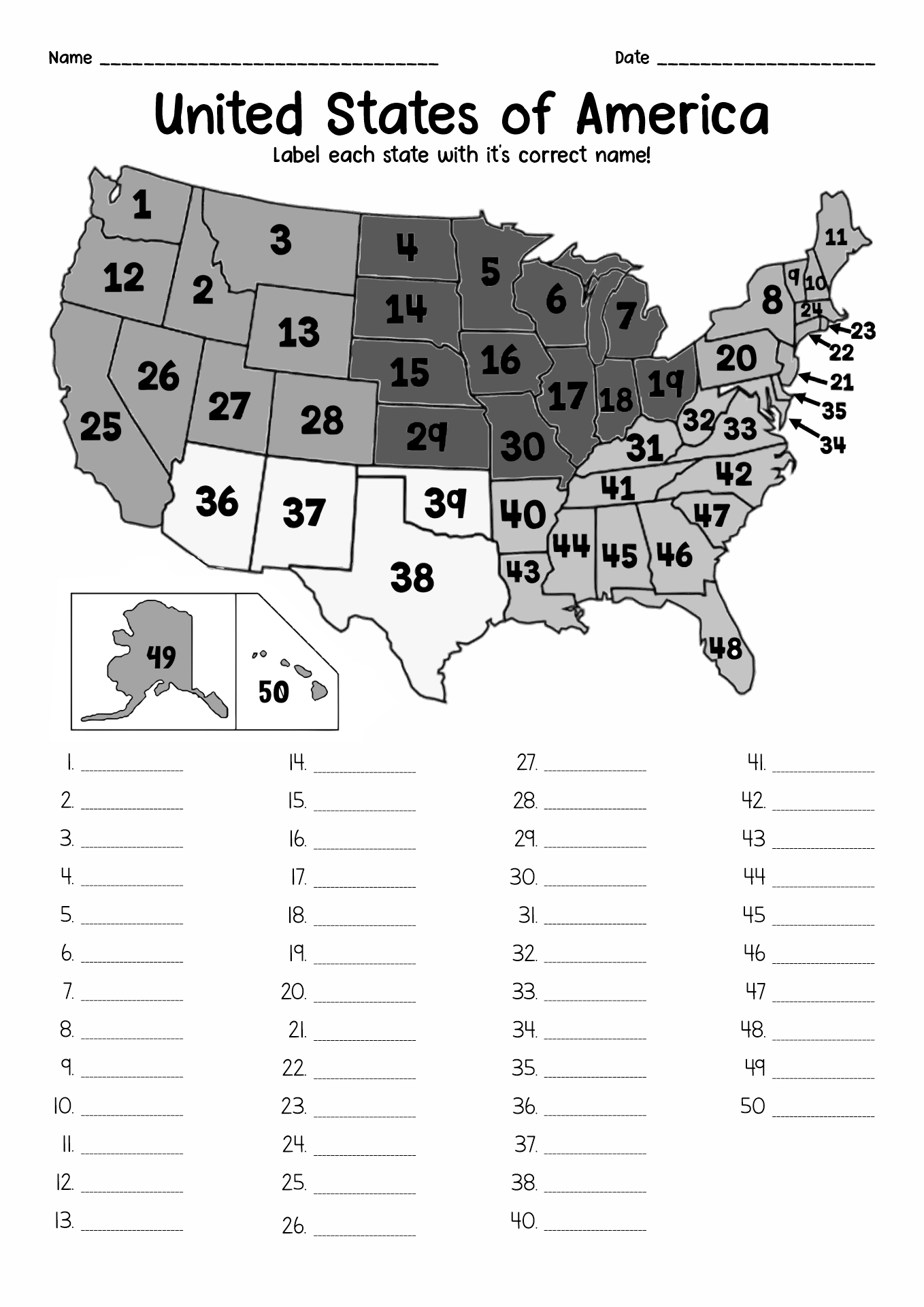 50 States Worksheets Printable