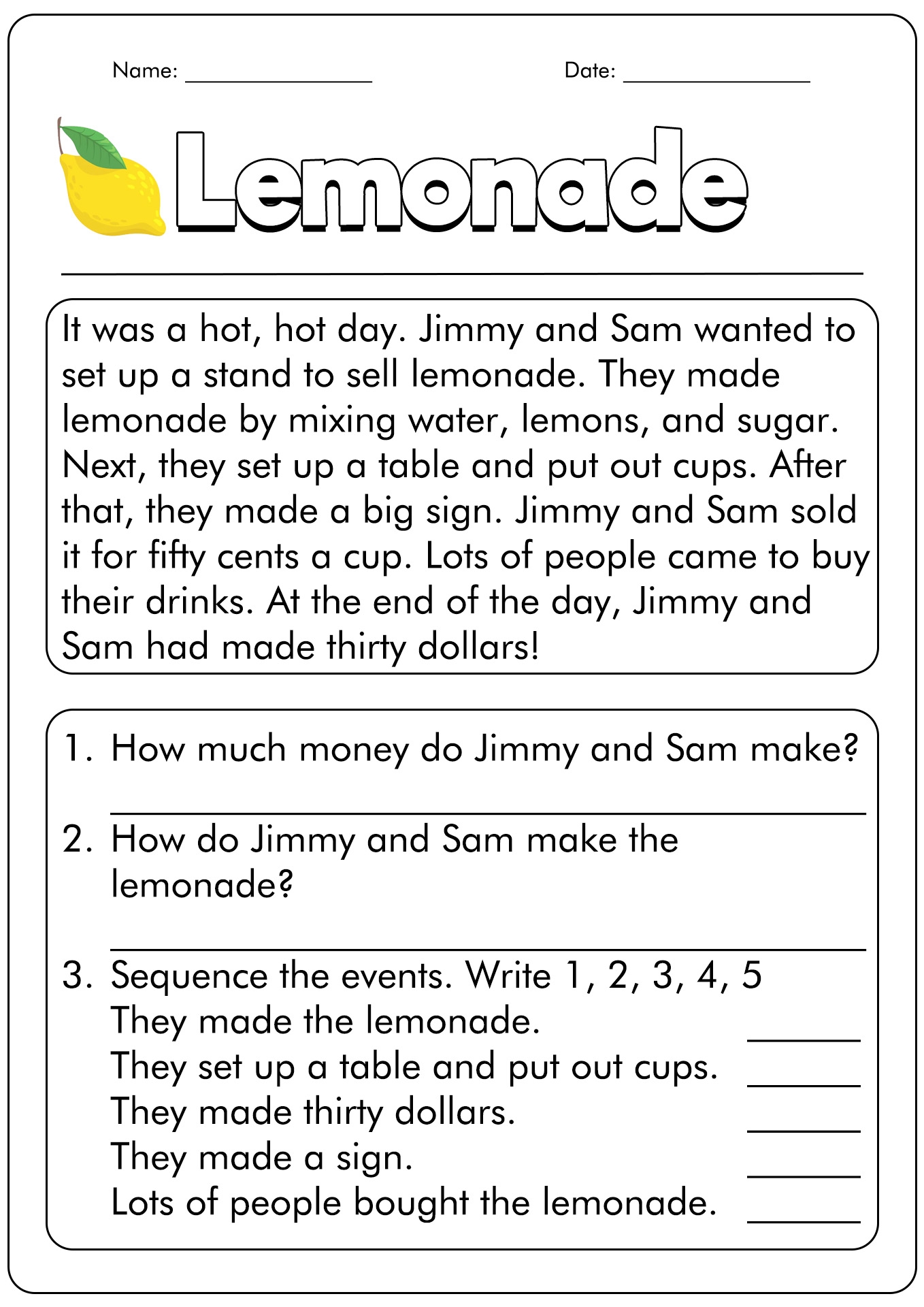 Free Printable Reading Comprehension Worksheets For 1st Grade