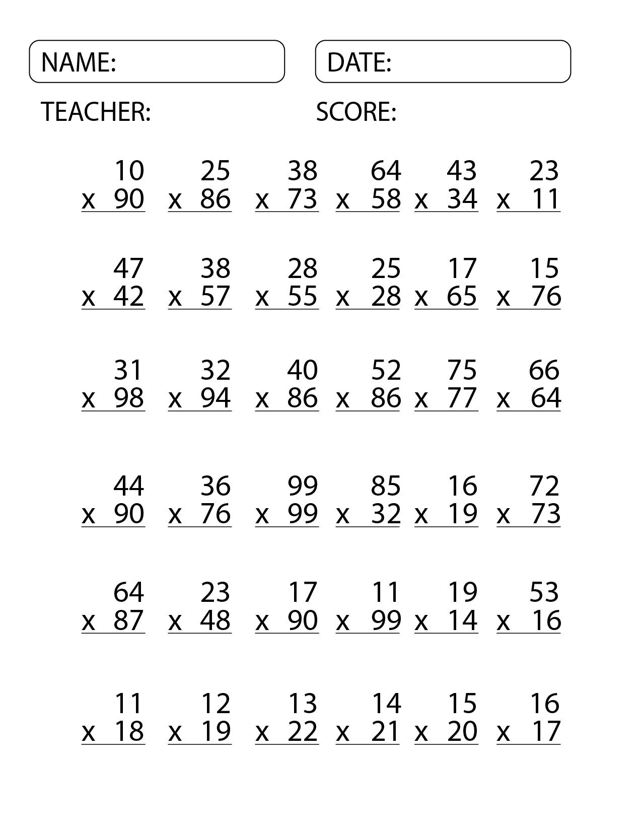 2 Digit By 2 Digit Multiplication Worksheets Math Multiplication 