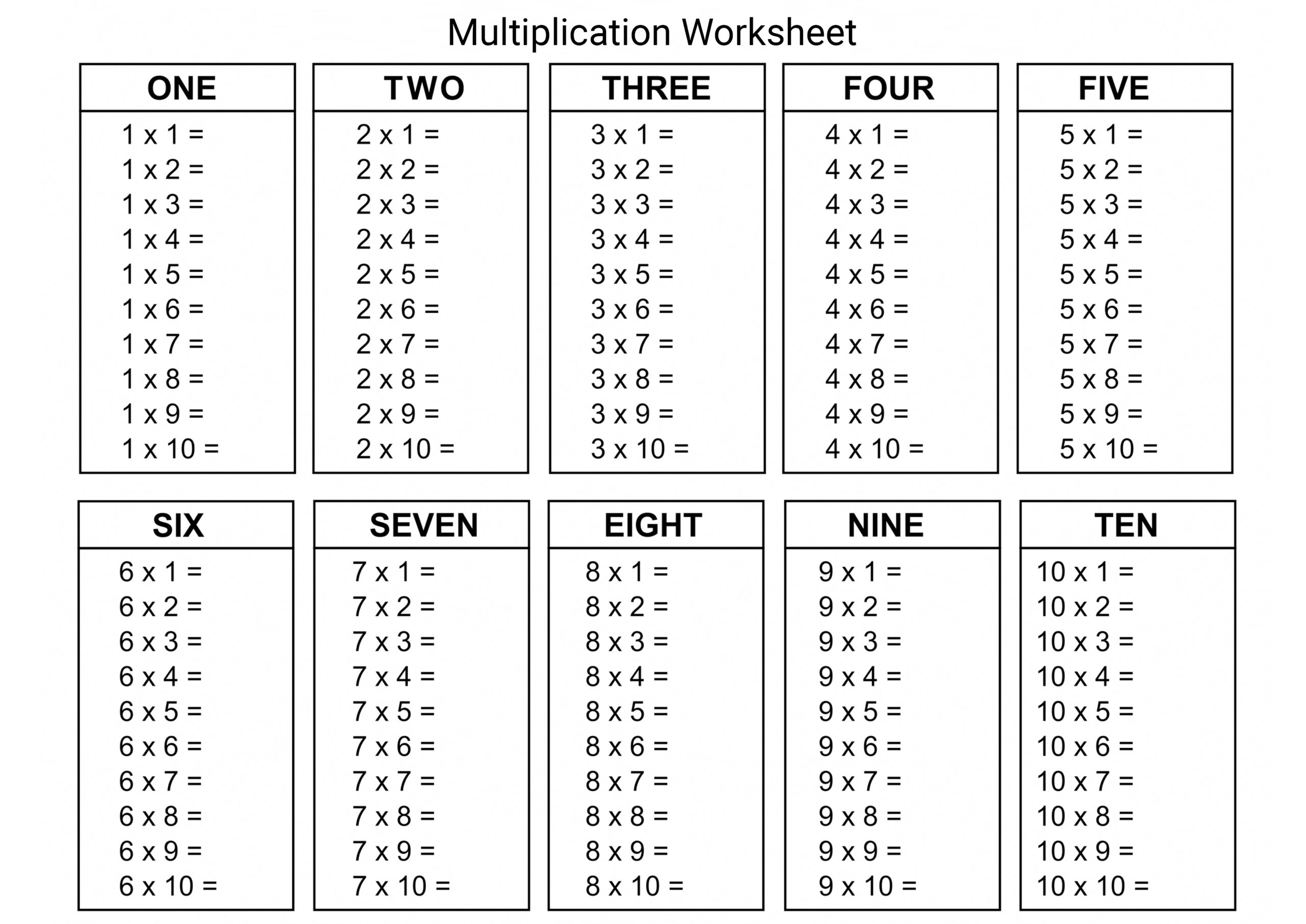 Free Printable Multiplication Worksheets 1-12