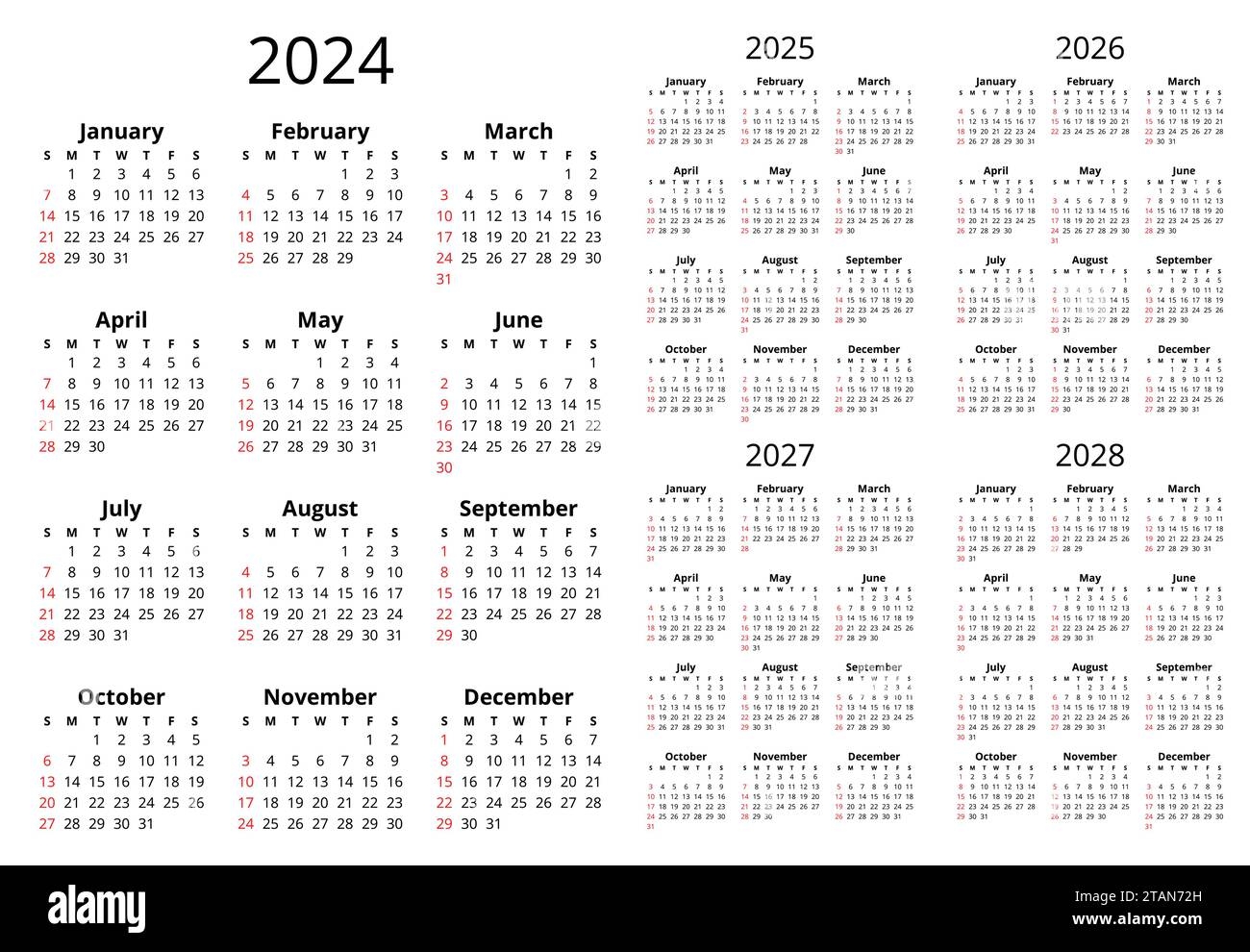 2024 2025 2026 2027 2028 Vertical English Calendars Simple Printable Vector Illustration Plan Your Year With Calendar Style Stock Vector Image Art Alamy