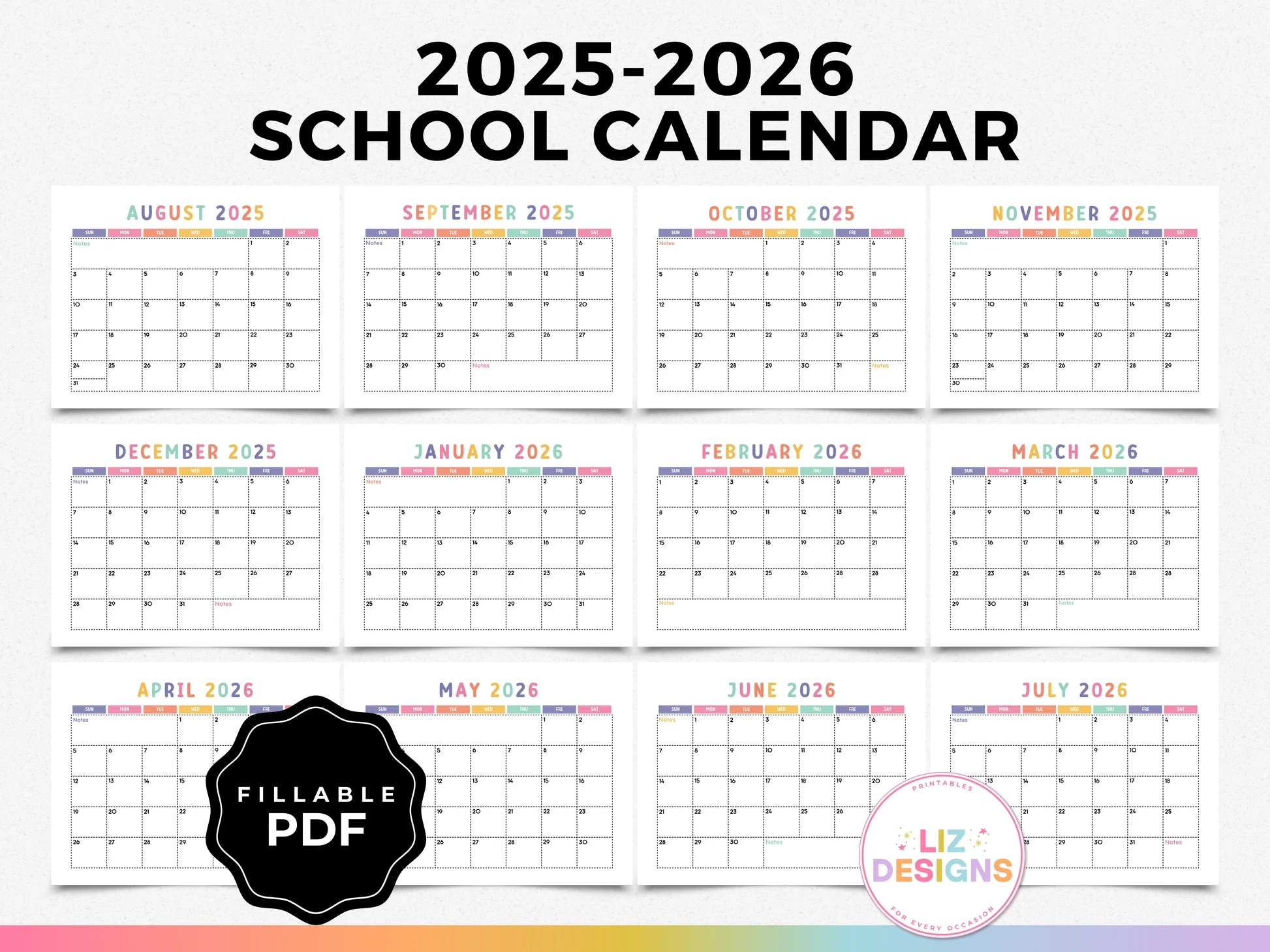 2025 2026 School Year Calendar Fillable PDF 