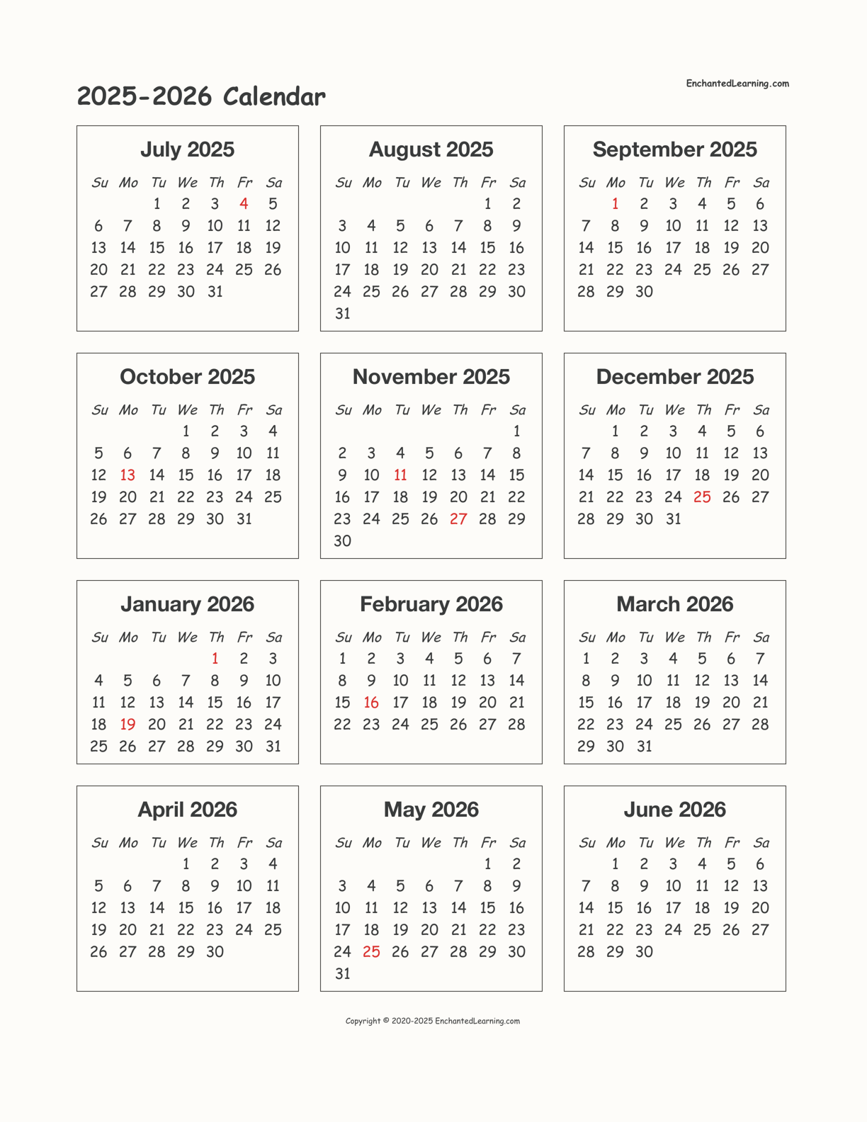 School Year Calendar 2025-2026