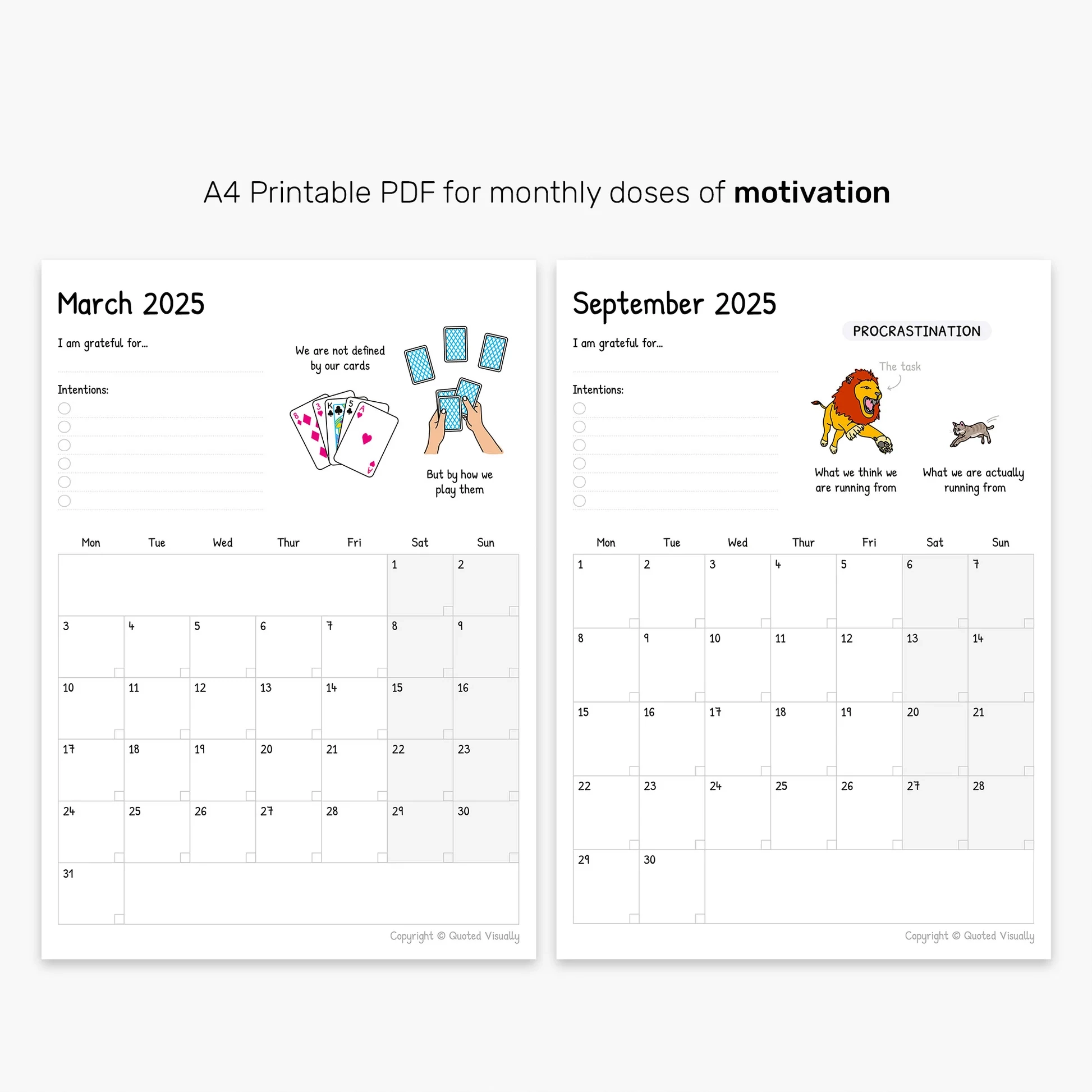 2025 Calendar Printable A4 PDF Instant Download Quoted Visually