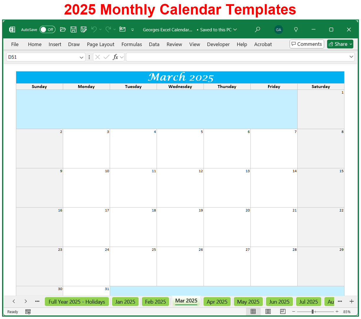 2025 Calendar Spreadsheet Printable And Editable Planner In Excel BuyExcelTemplates