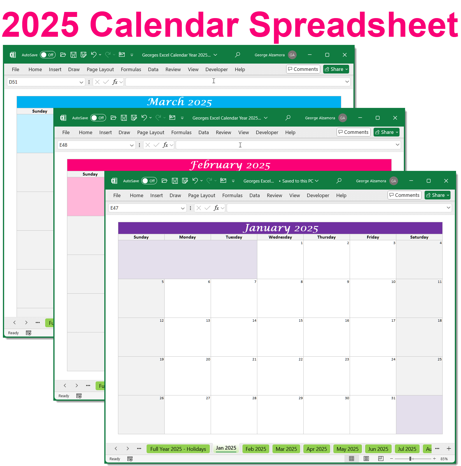 2025 Calendar Spreadsheet Printable And Editable Planner In Excel BuyExcelTemplates