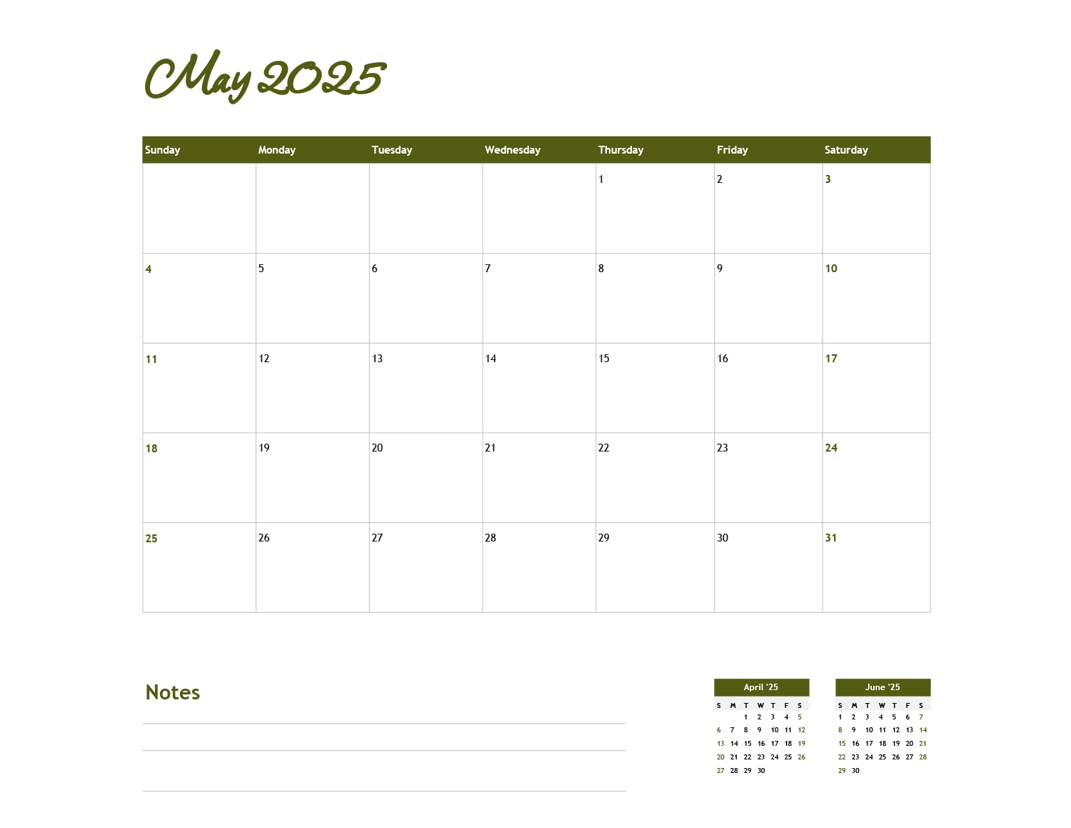 2025 Blank Printable Calendar