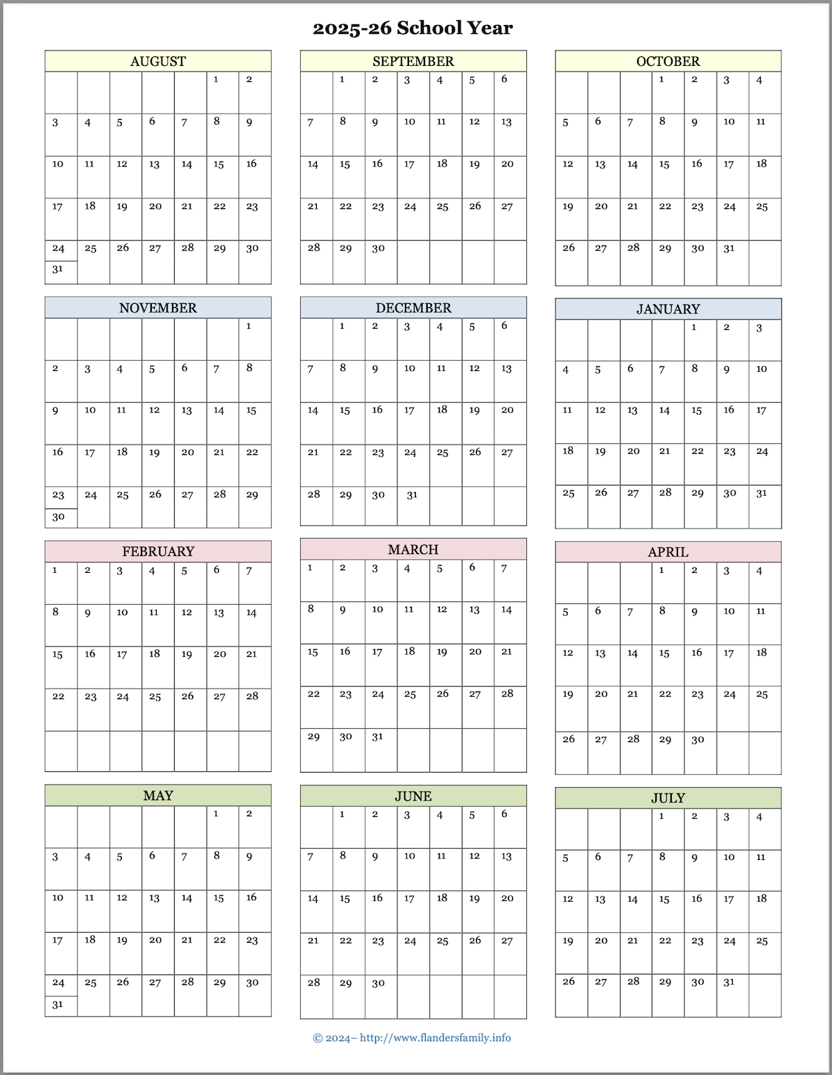 School Calendar Template 2025-26