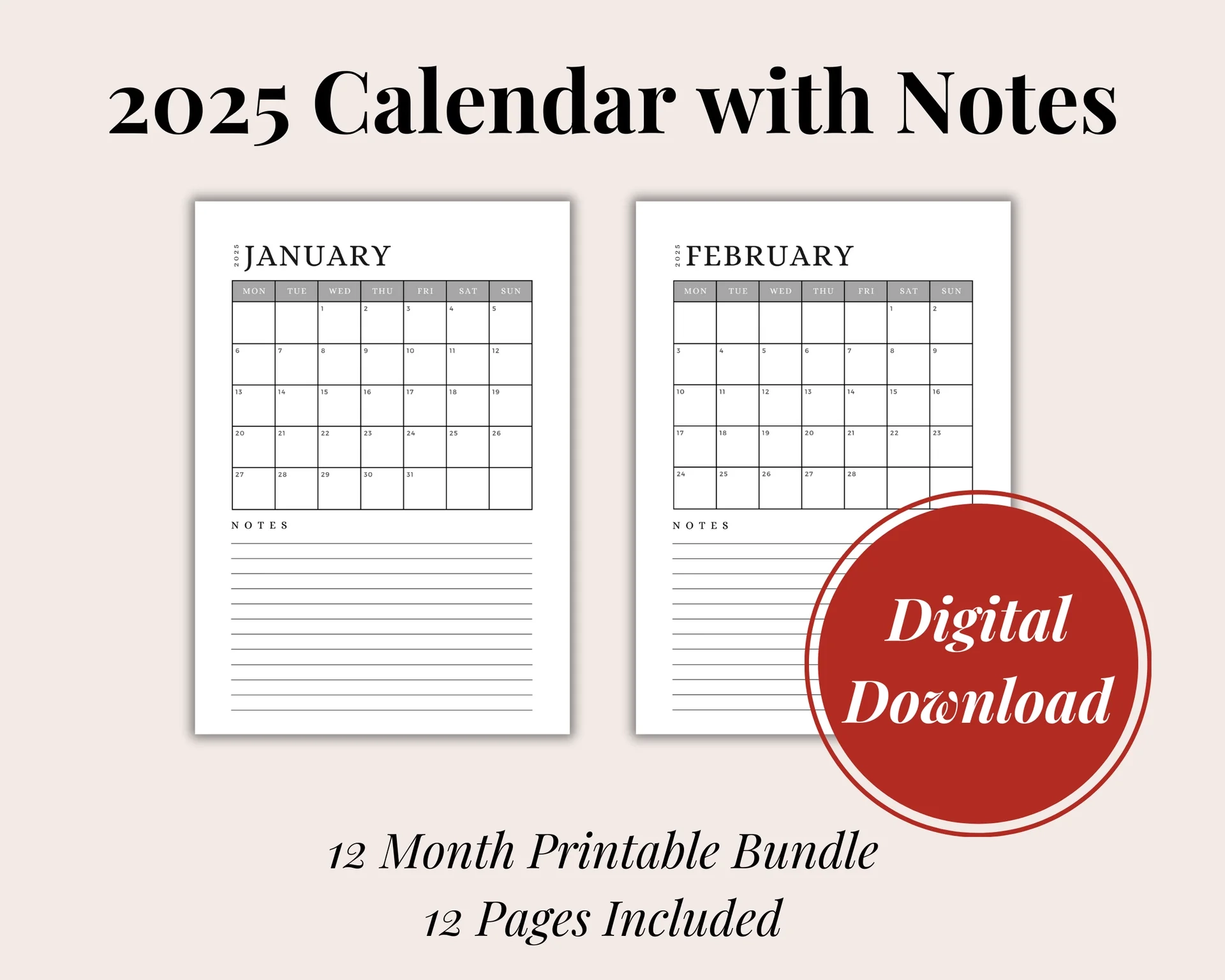 2025 Digital Printable Calendar With Notes A4 A5 Size Digital Downloa Fox And Bunny Rise