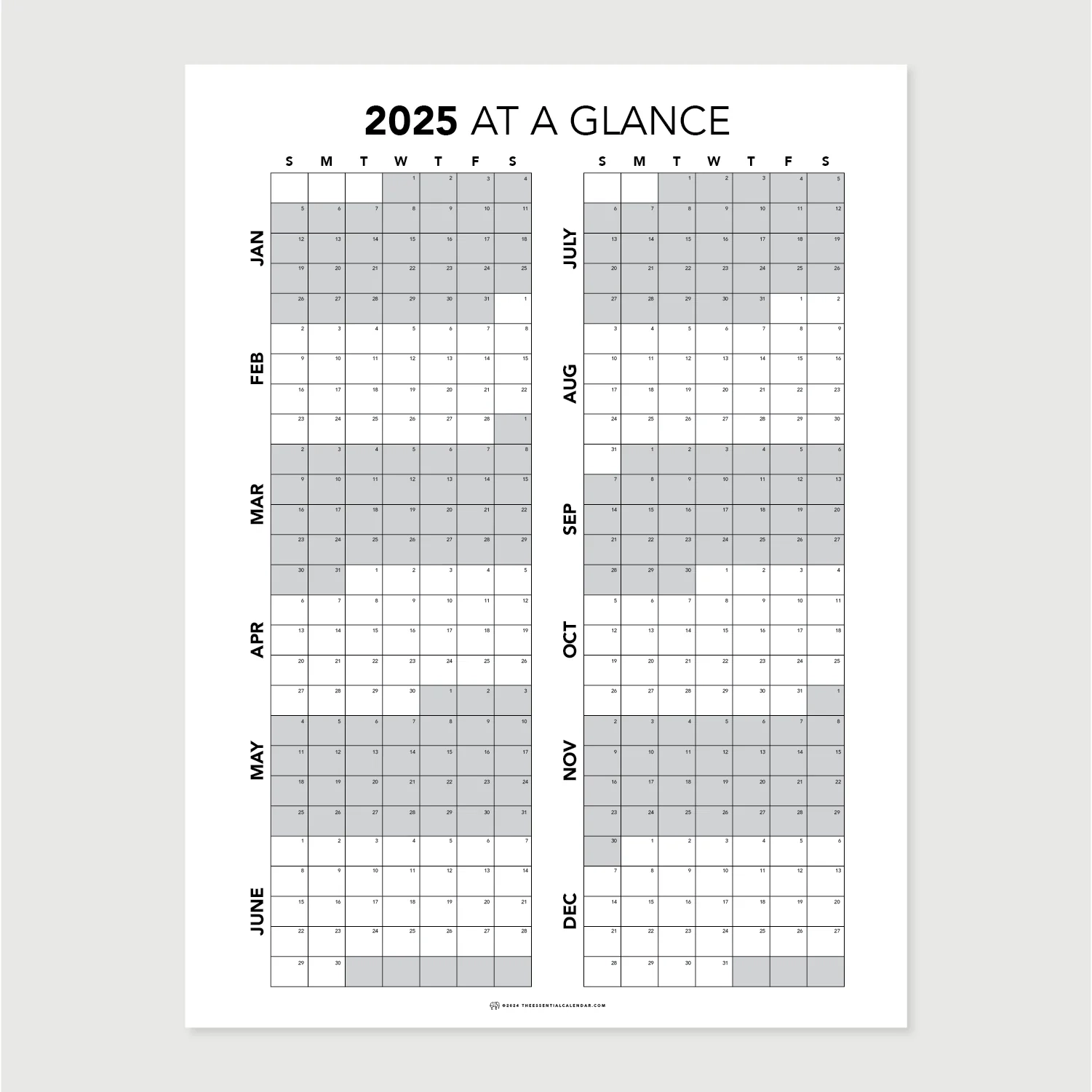 2025 Jan Dec At A Glance Sunday start 