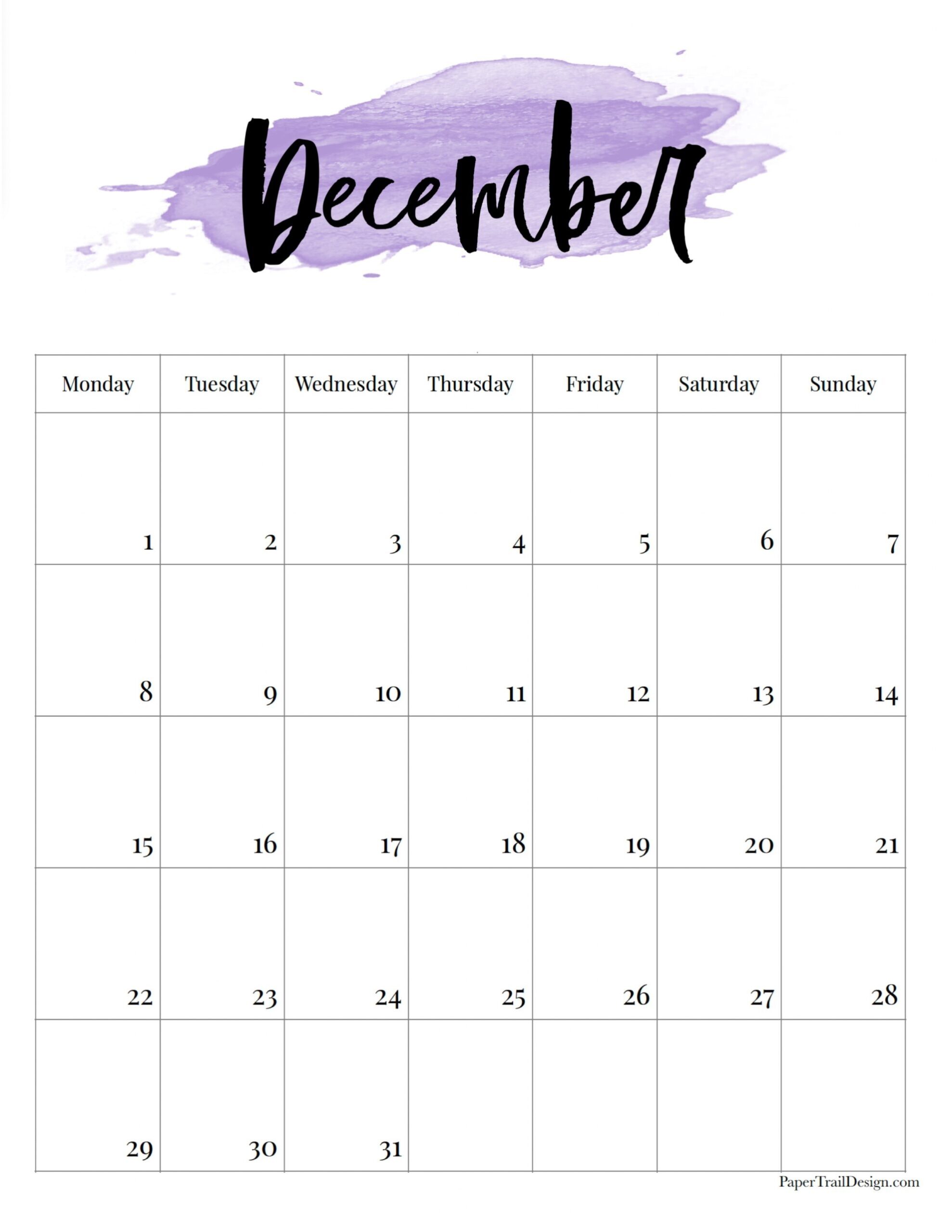 December 2025 Calendar Monday Start