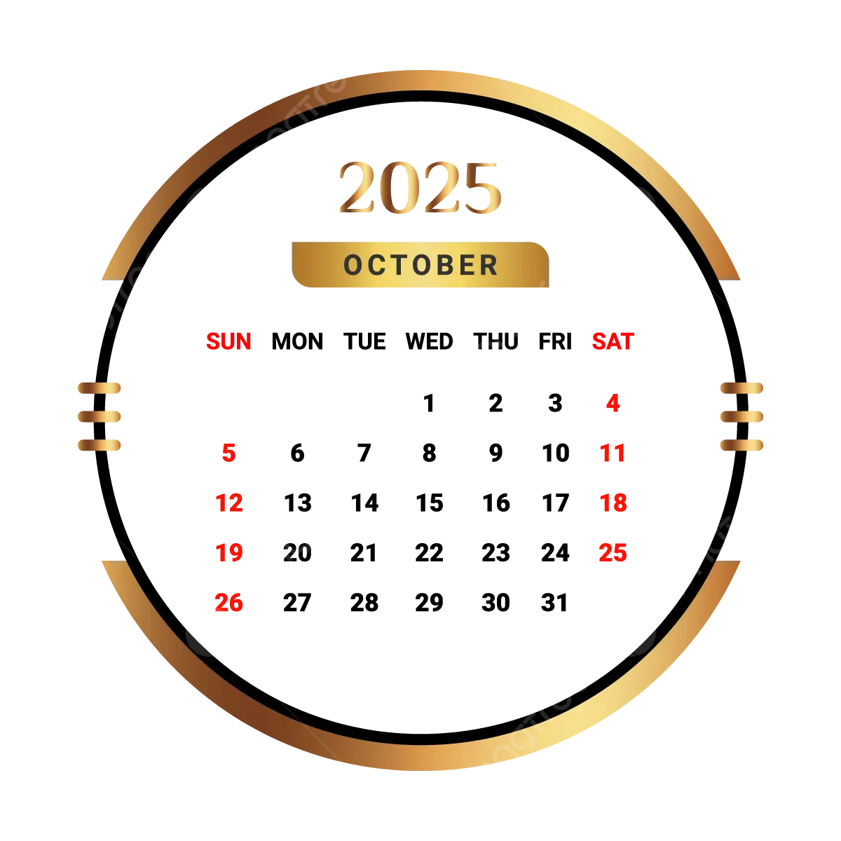 2025 October Month Calendar With Golden And Black Vector Monthly Calendar Calendar October 2025 PNG And Vector With Transparent Background For Free Download