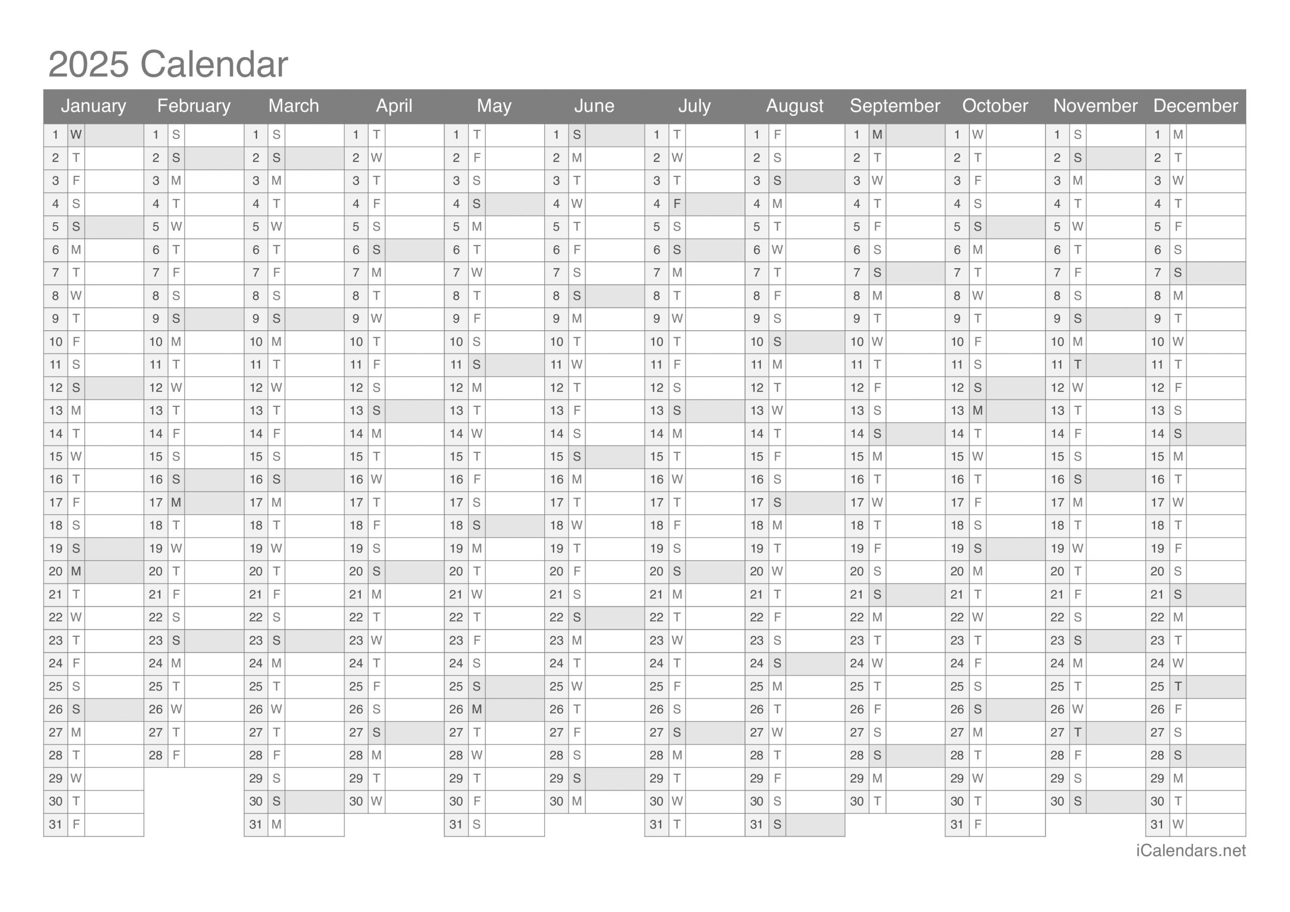 Blank Yearly Calendar 2025 Printable