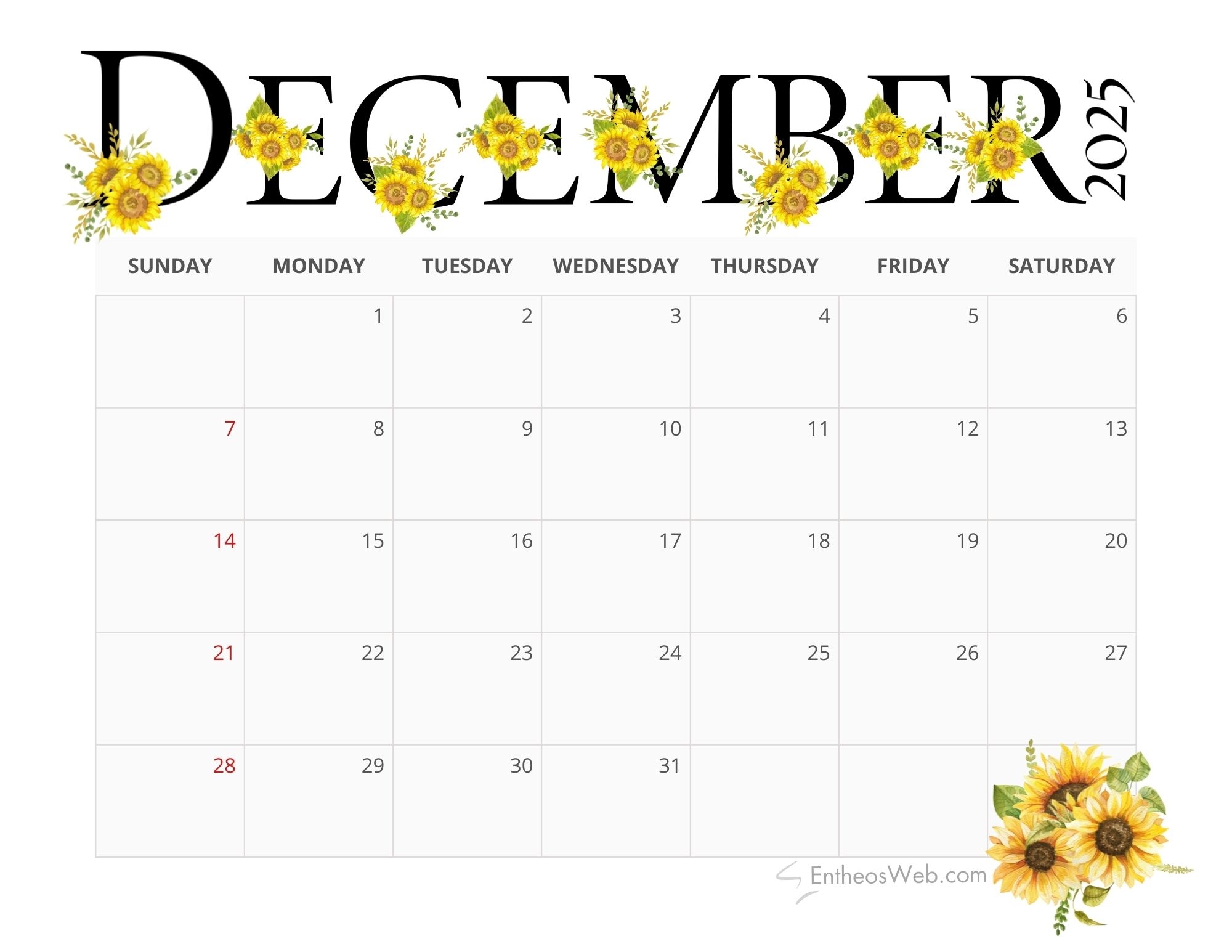 2025 Sunflowers Calendar Printable EntheosWeb