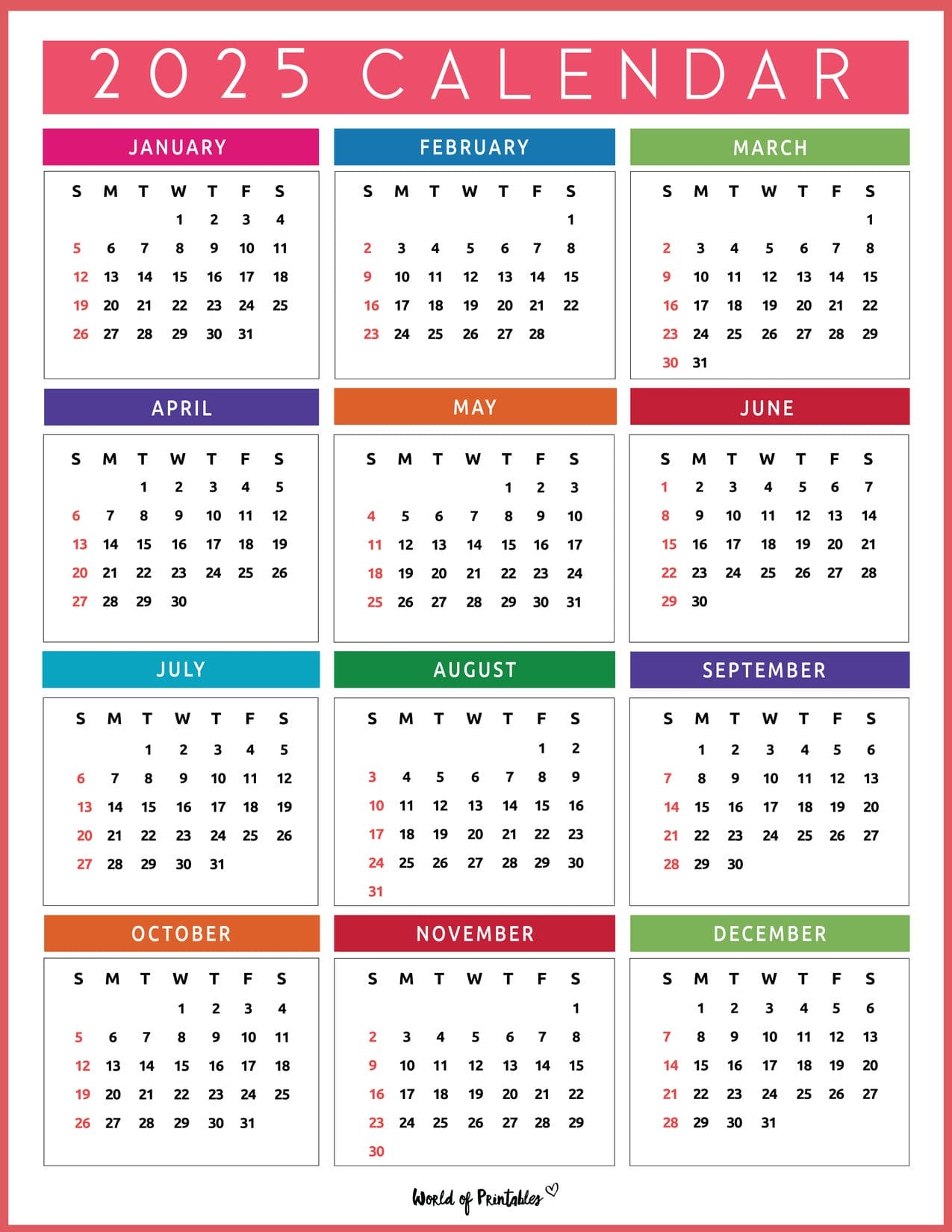 Yearly Calendar 2025 Printable Blank