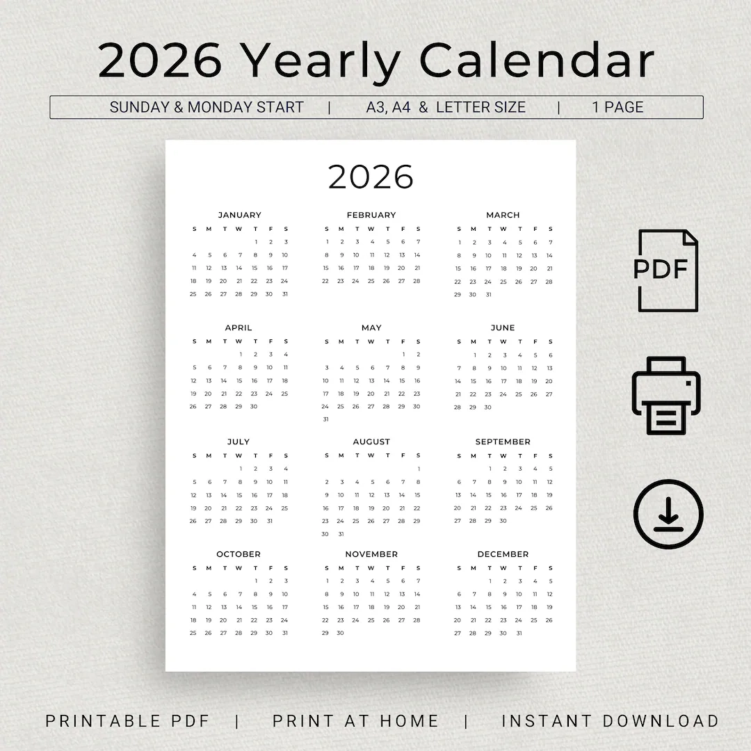 2026 Printable Year Calendar Minimal Design