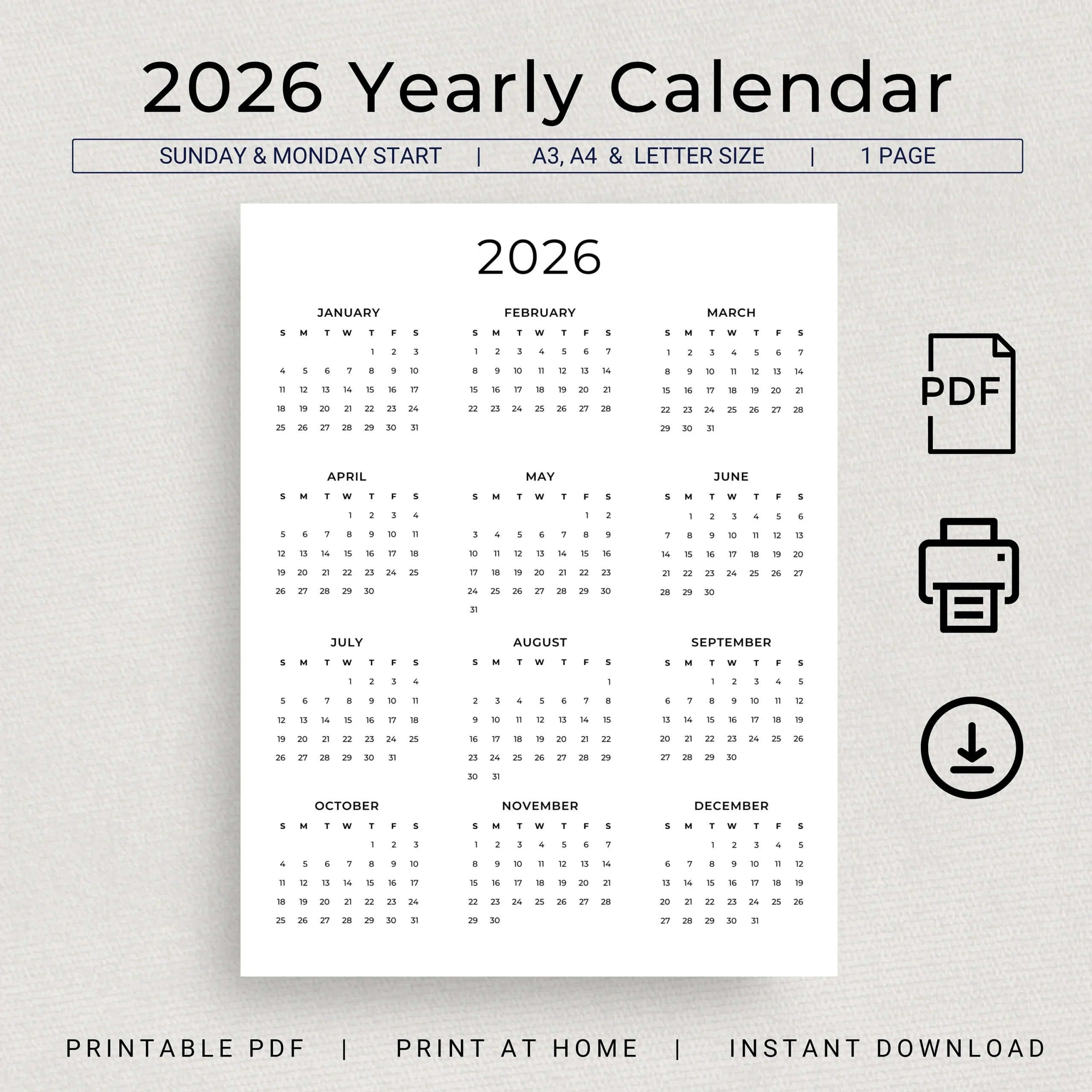 Printable 2026 Calendar Clean Design