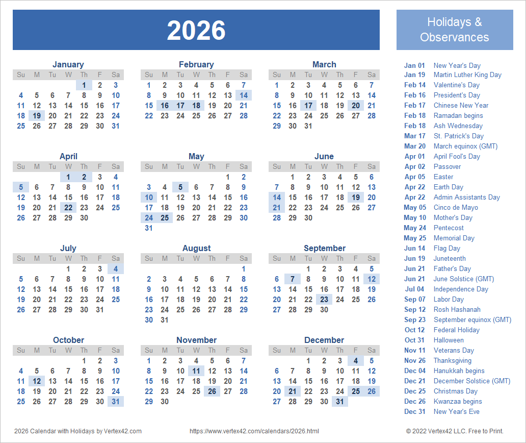 Calendar 2026 Calendar Printable Free