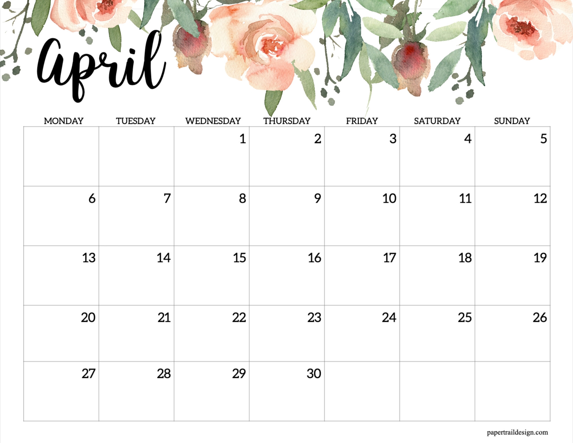 April 2026 Calendar Monday Start