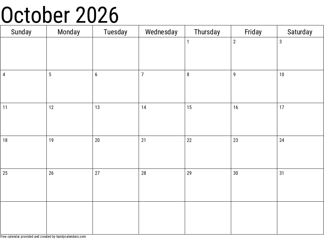 Blank Monthly Calendar Printable Oct 2026