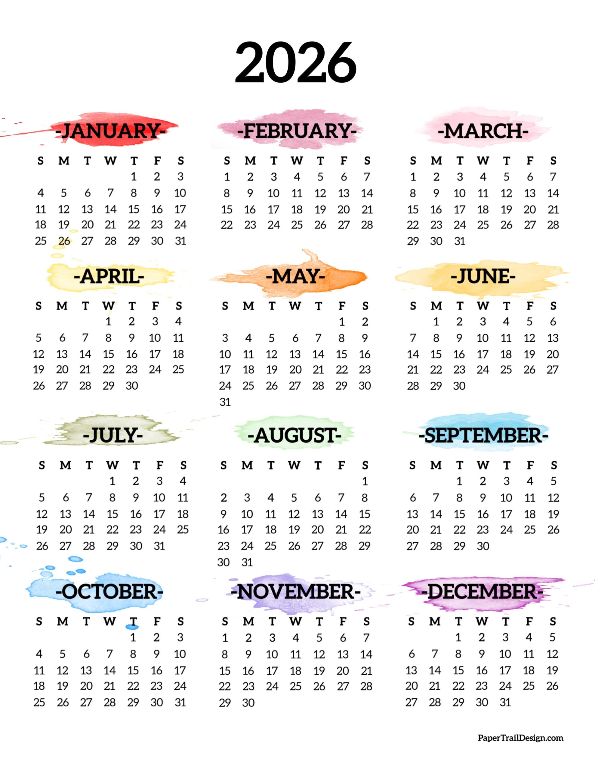 Printable Yearly Calendar 2026 Free Printable