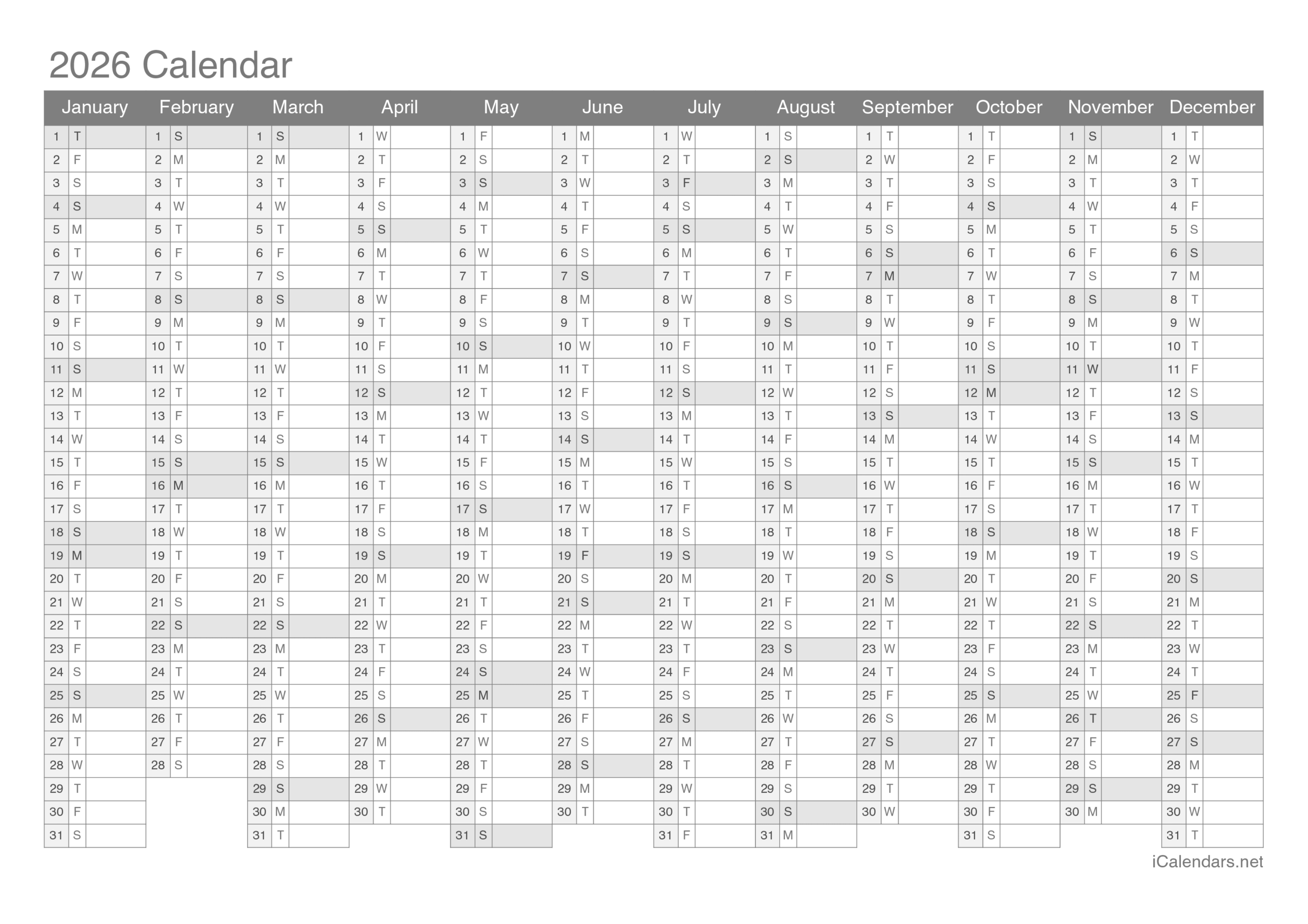 Free Printable Blank Yearly Calendar 2026