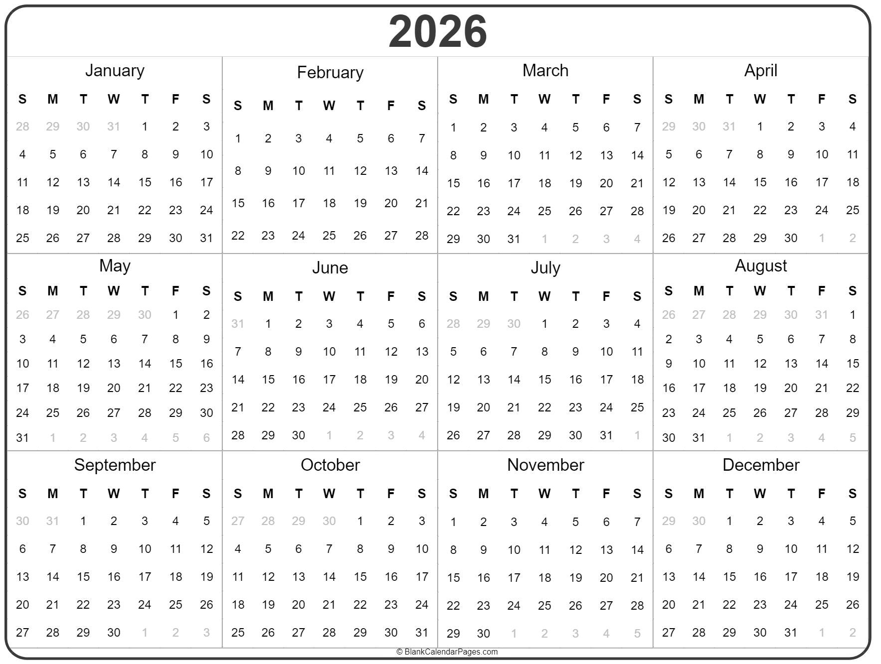 Blank Calendar Template 2026 Printable