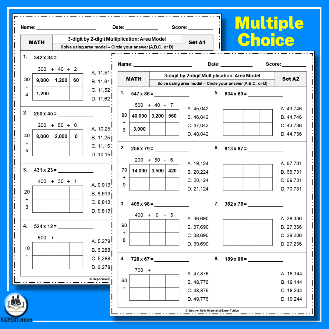 3 Digit By 2 Digit Area Model Multiplication Worksheets Made By 