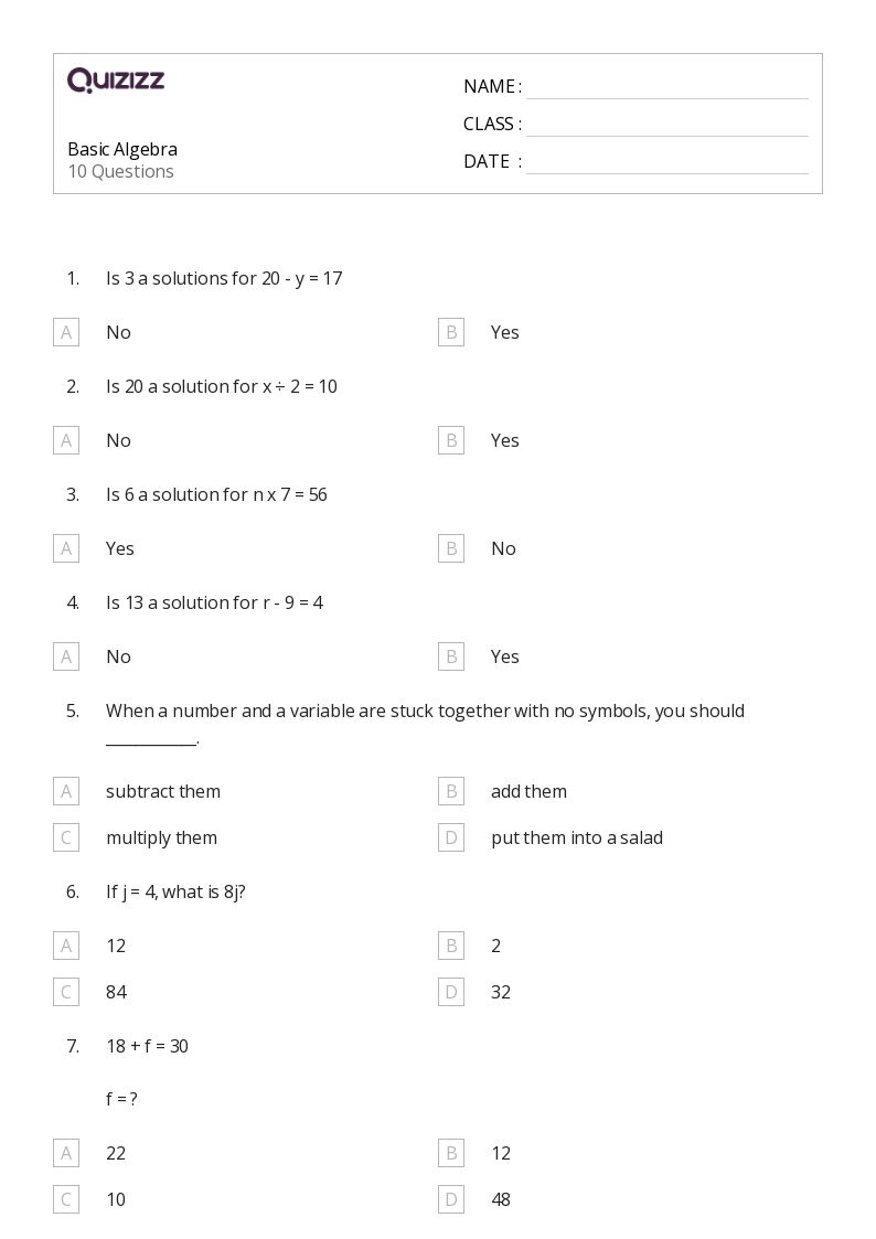 Free Printable Algebra Worksheets