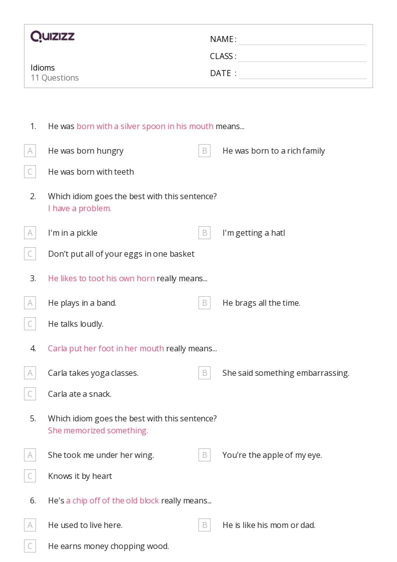 Free Printable Idioms Worksheets