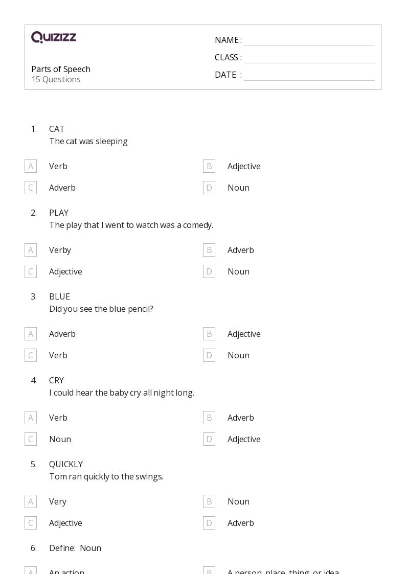50 Parts Of Speech Worksheets For 6th Grade On Quizizz Free 