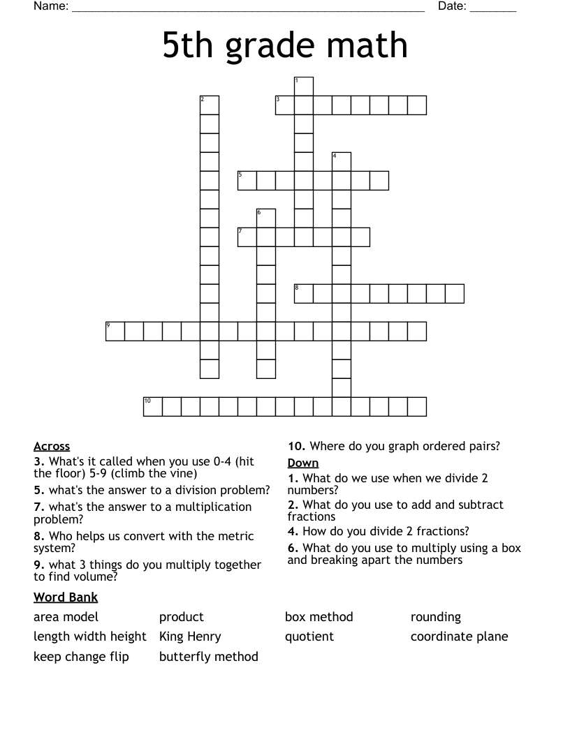 Grade 5 Crossword Puzzles Printable