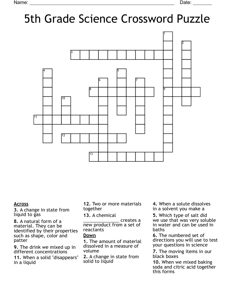 Science Crossword Puzzles Printable