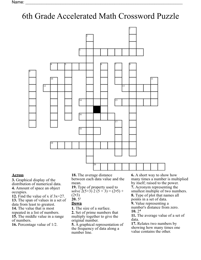 6th Grade Math Crossword Puzzles Printable