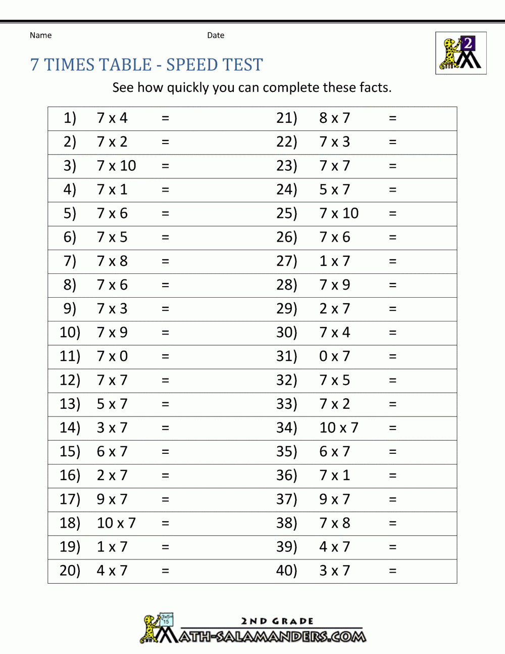 Printable Times Table Worksheets