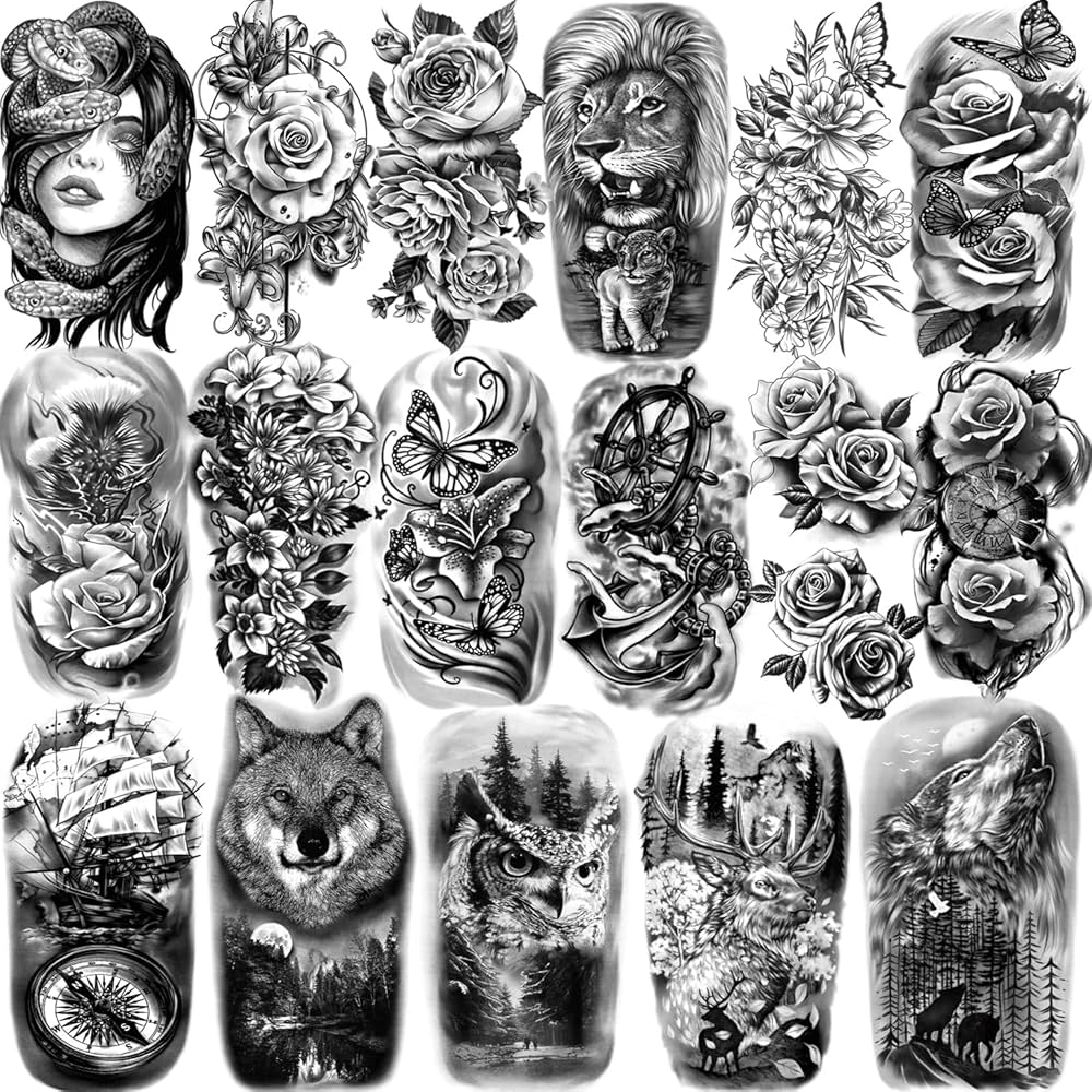 77 Bl tter Tempor re Tattoos F r M nner Frauen Und Kinder Halber Arm L we Wolf Eule Elch Schlange Rose Realistisch Gef lschte Aufkleber Wasserdicht F r Erwachsene Unterarm Schulter Nacken Amazon de Kosmetik
