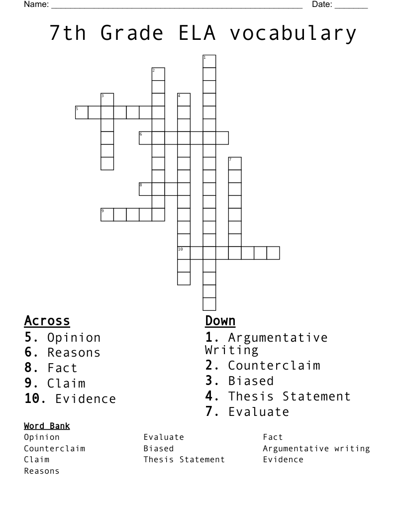 Printable Ela Crossword Puzzles