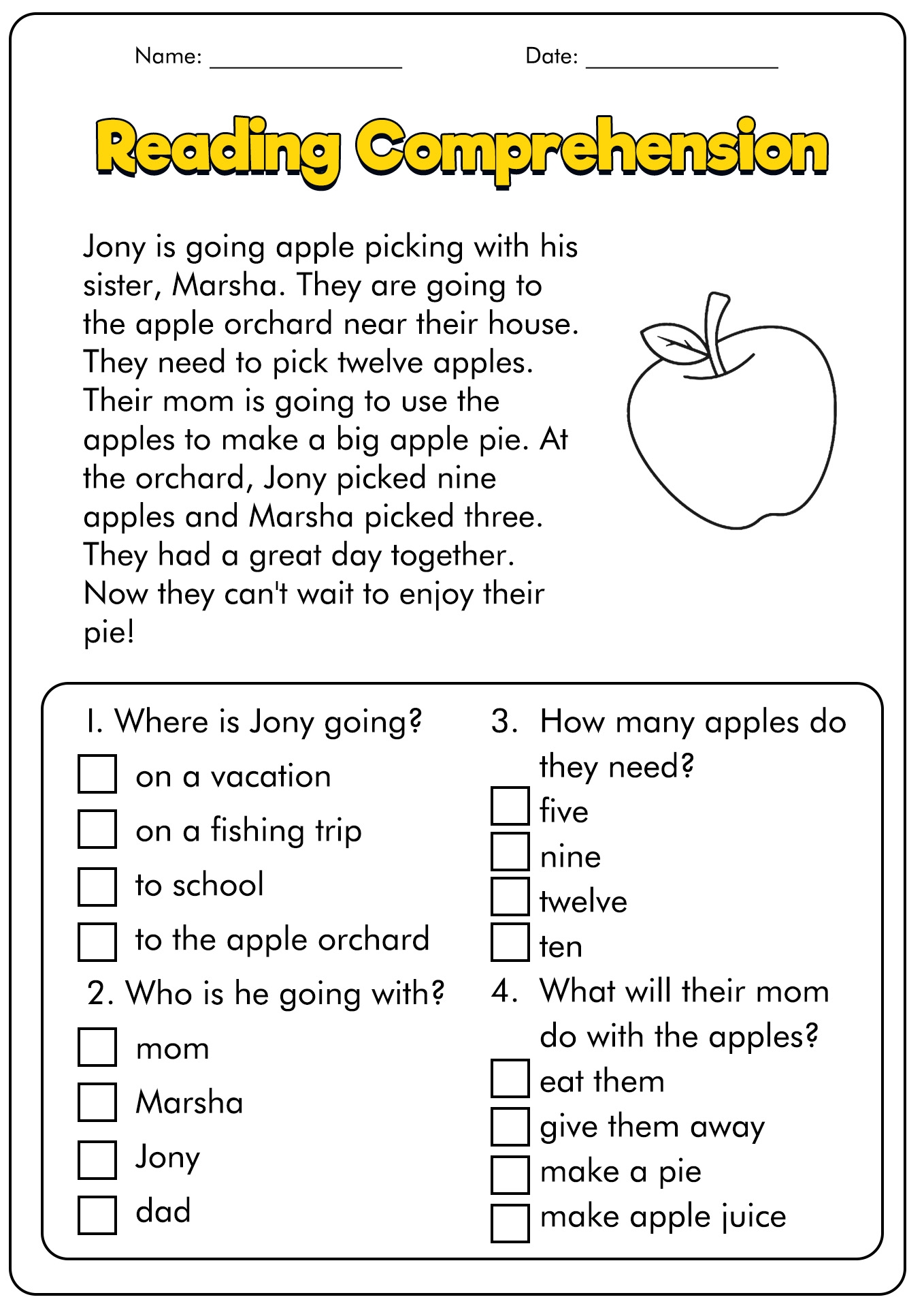 Free Printable Reading Comprehension Worksheets For 1st Graders