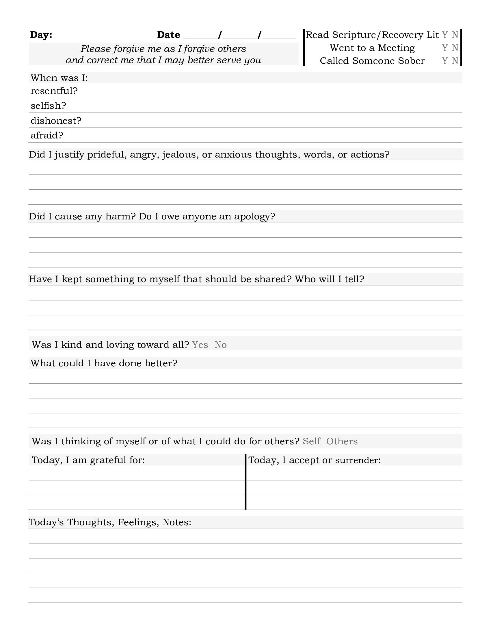 AA Step 10 Nightly Inventory Worksheets Worksheets Library