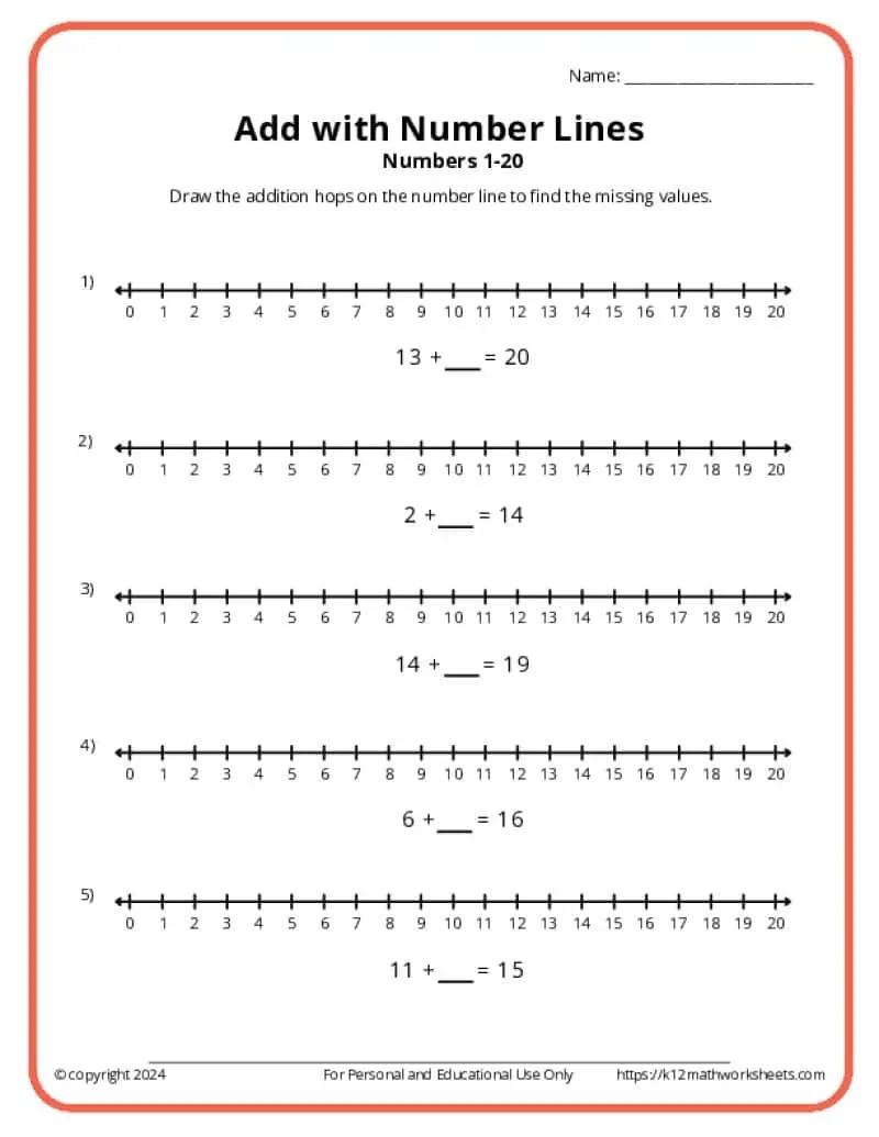 Add With Number Lines K12 Math Worksheets