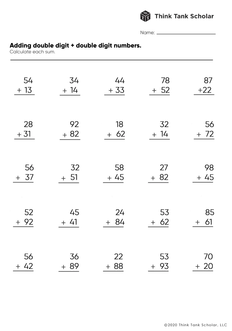 Addition Worksheets Exercises Printable PDF FREE Think Tank 