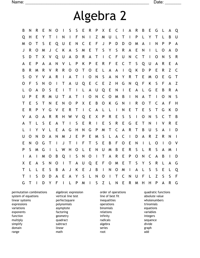 Algebra 2 Crossword Puzzles Printable