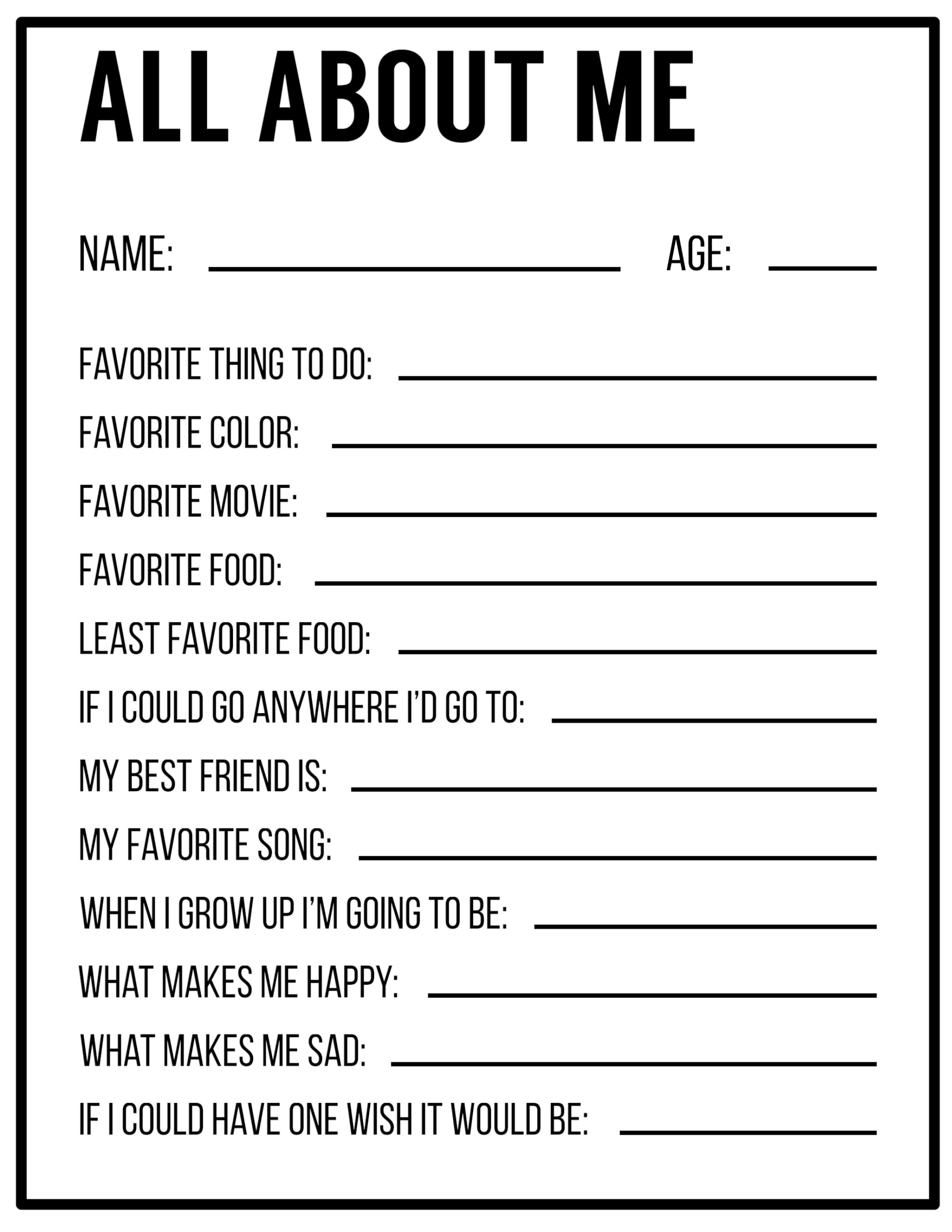 Free Printable All About Me Worksheet For Adults