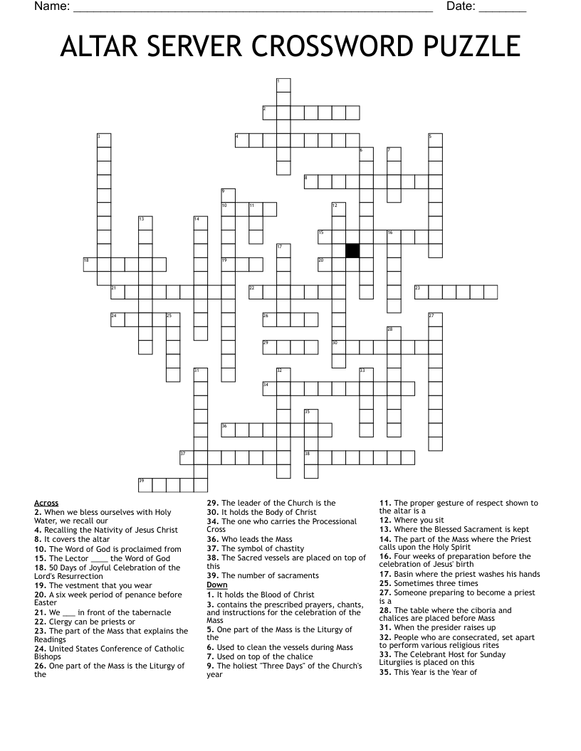ALTAR SERVER CROSSWORD PUZZLE WordMint