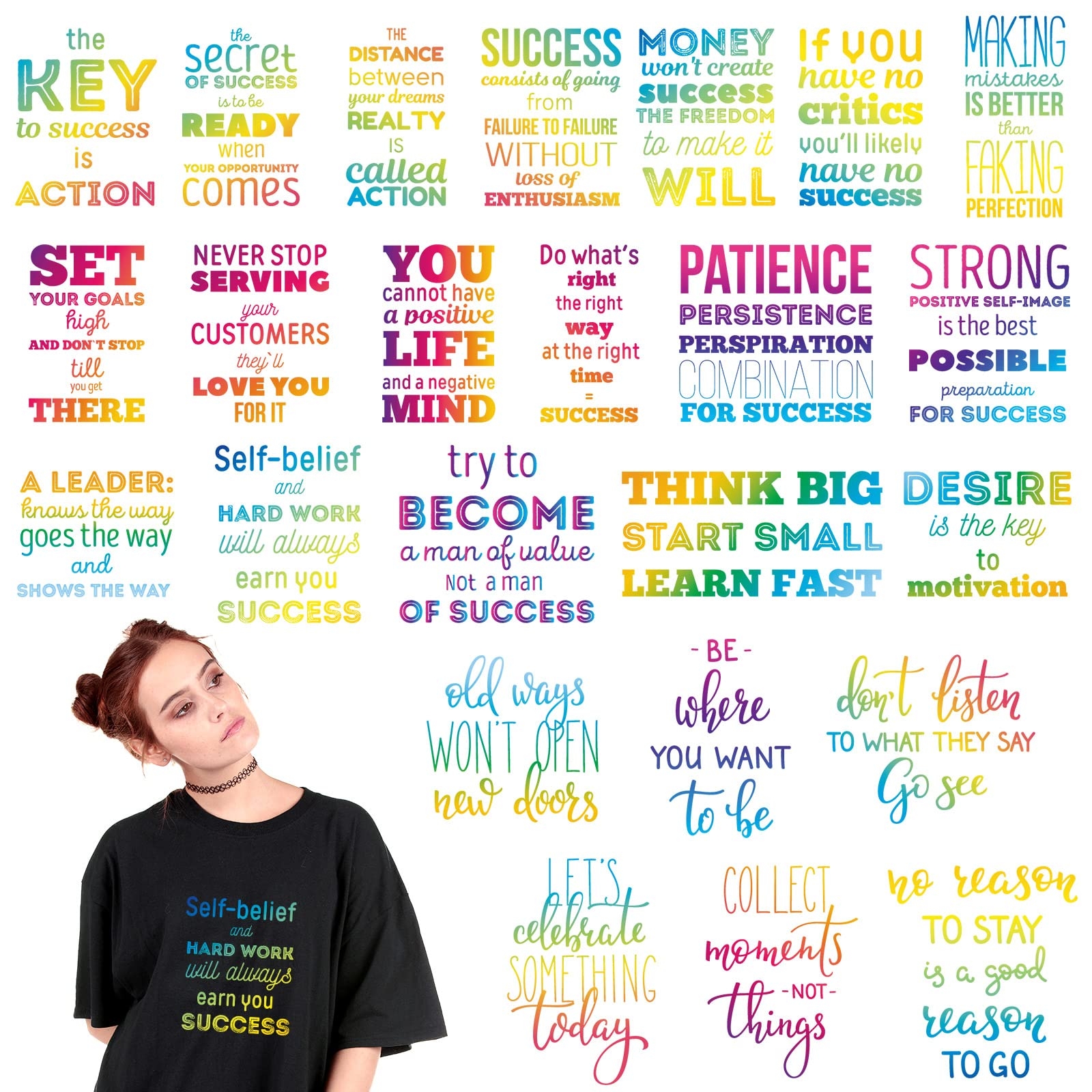 Amazon 24 Pcs Iron On Decals For Clothing Positive Iron On Patches Inspirational Quote HTV Stickers Printable Heat Transfer Vinyl Designs Sublimation Transfers Patches For Jackets Hat Backpack DIY Craft